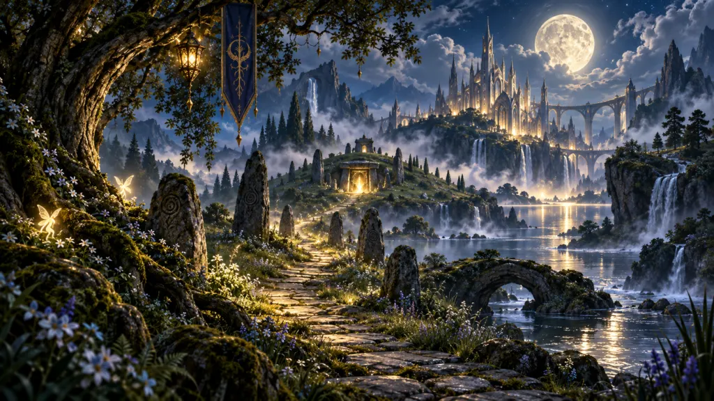 Moonlit Fey World landscape with ancient standing stones, a supernatural road, waterfalls and a luminous Faerie city beneath the full moon
