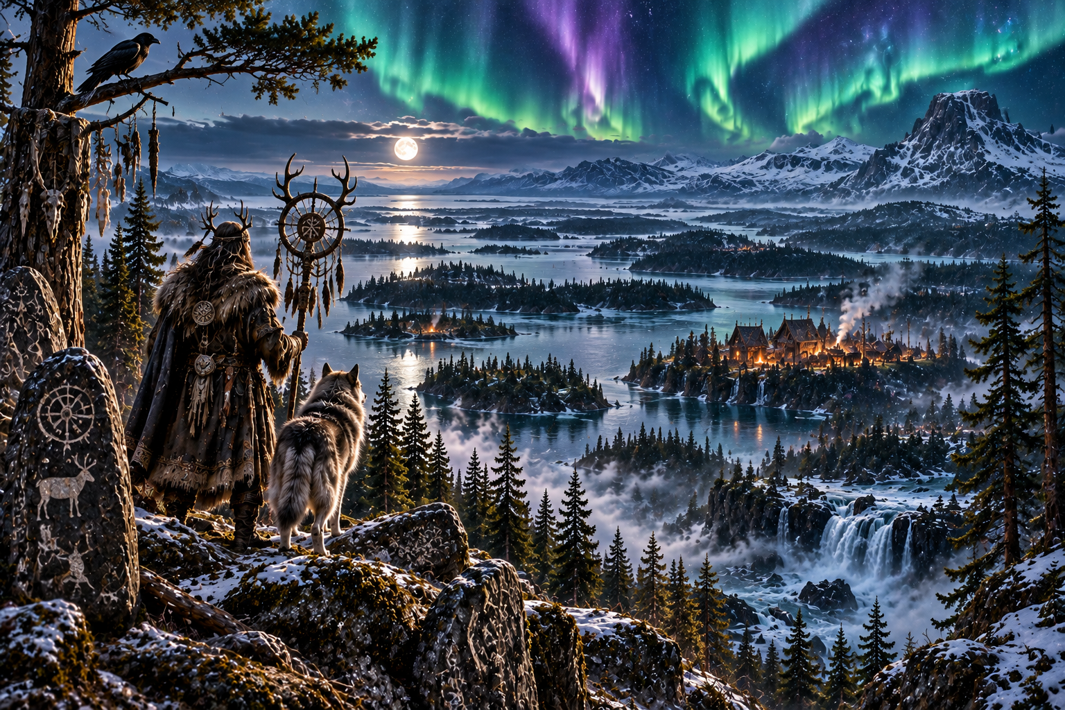 Finnish sacred landscape beneath the aurora with forests, lakes, sacred stones and a ritual traveller