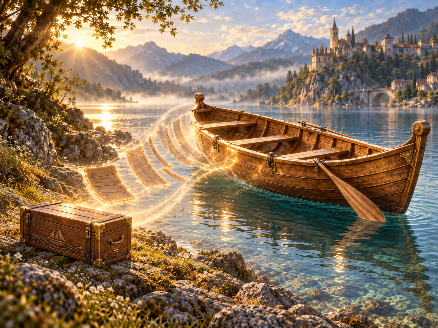A magical wooden box unfolding into a much larger wooden boat beside a lake