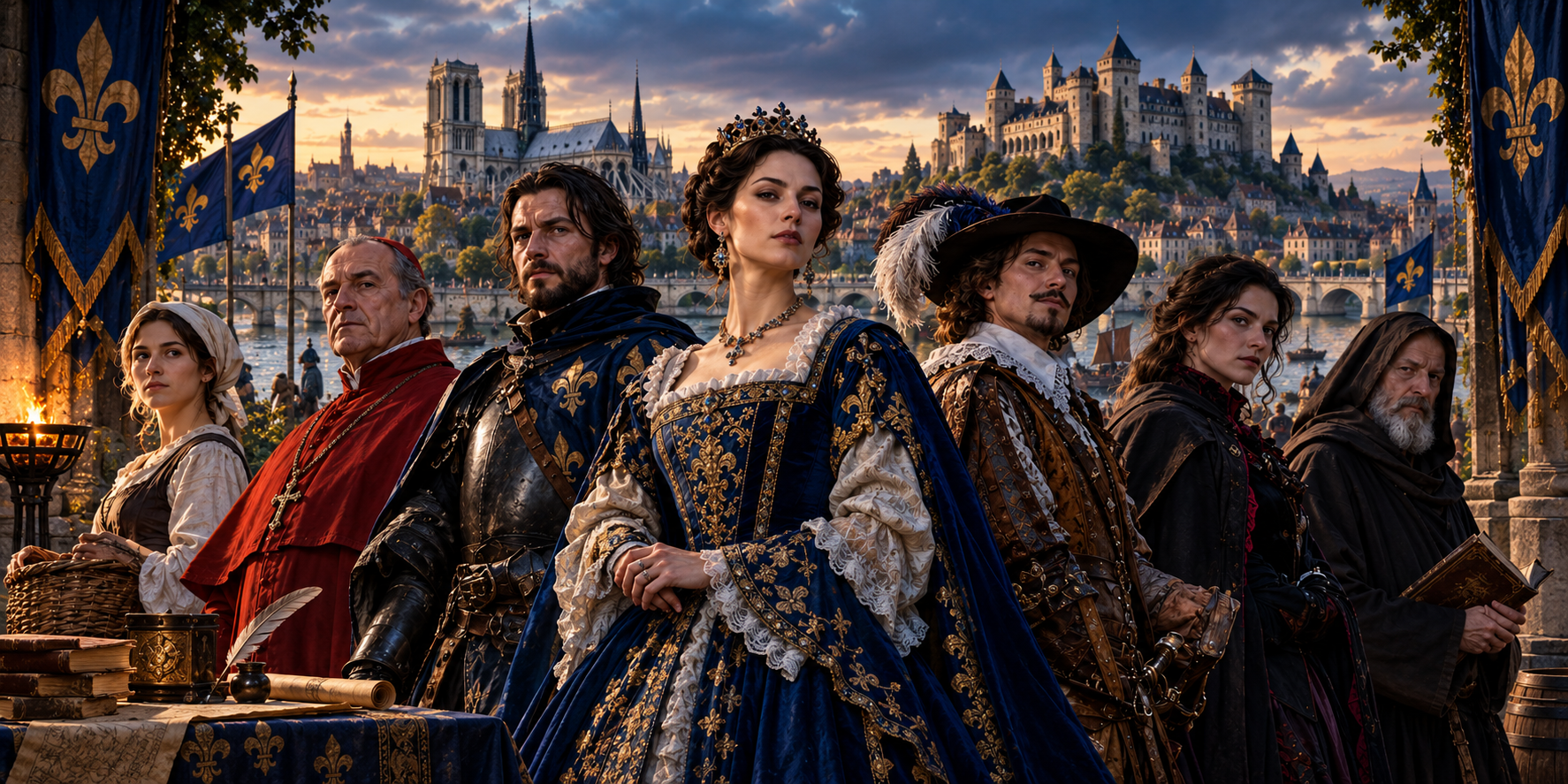 French NPCs gathered before a medieval French city, including nobles, soldiers, rogues and scholars