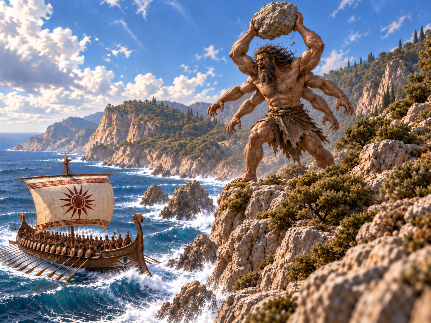 A six-armed Gegenees giant hurling a boulder from the rocky Mysian coast above an ancient Greek ship