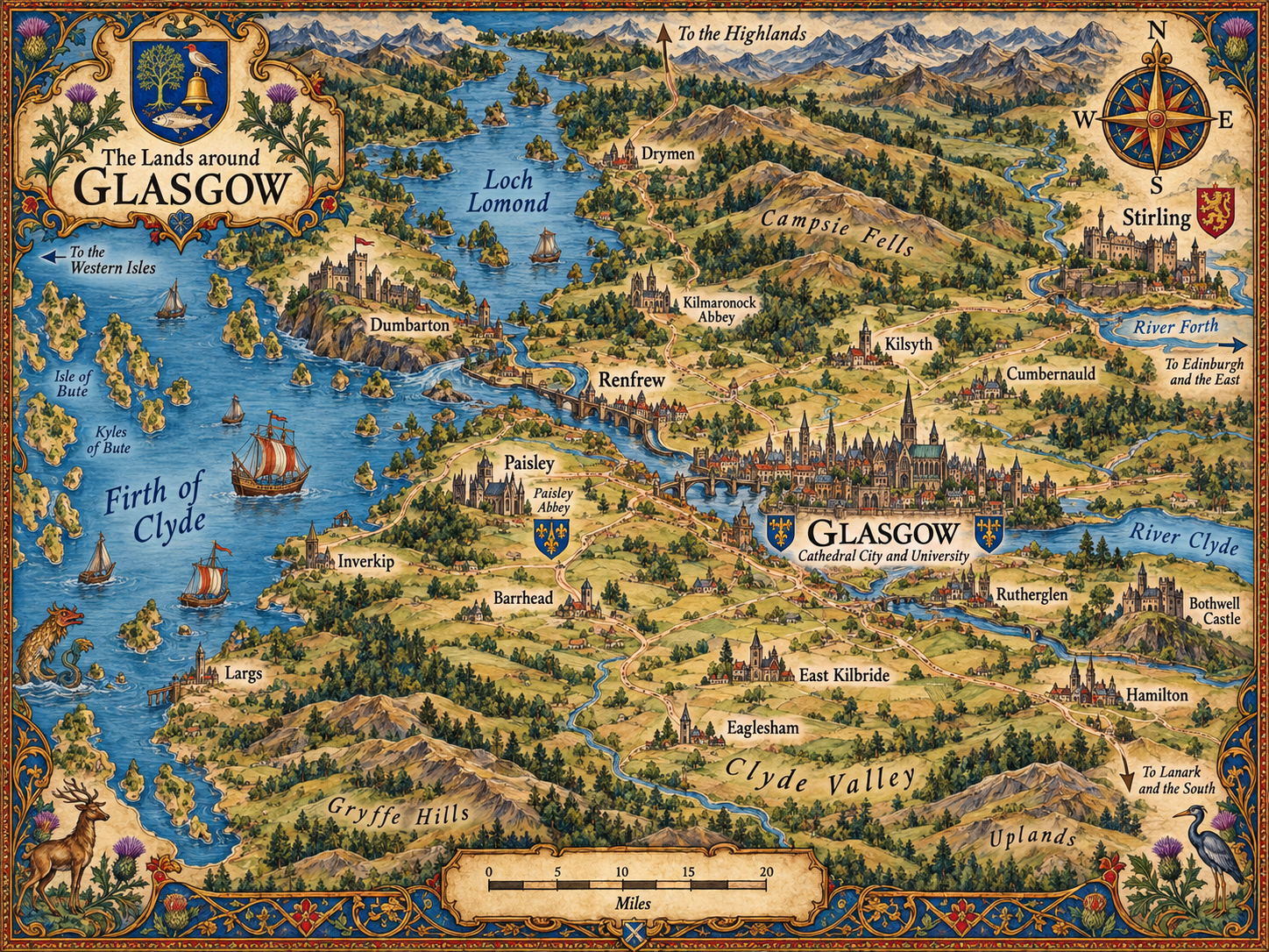 Illustrated campaign map of Glasgow, the River Clyde, Loch Lomond and surrounding western Scotland