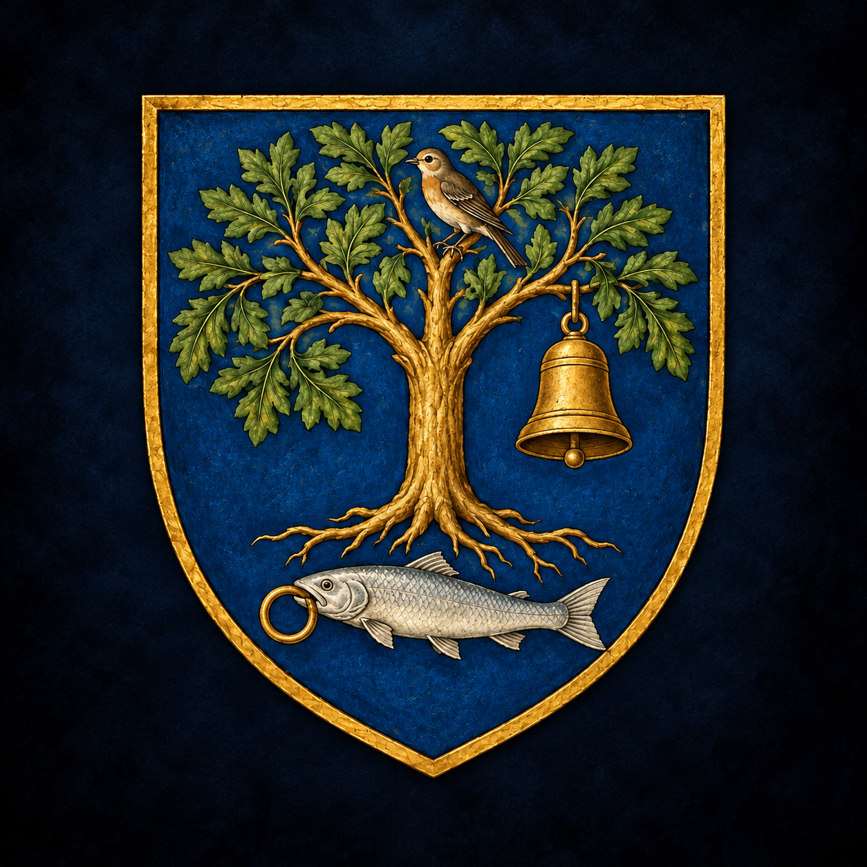 Glasgow civic shield with the tree, bird, bell and fish with ring