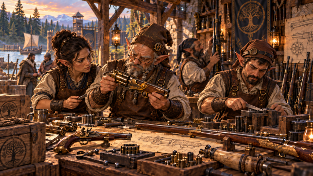 Adult gnome gunsmiths working on precision firearms and metal mechanisms in a fifteenth-century frontier workshop