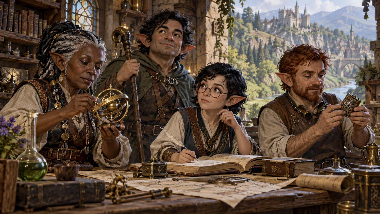 Adult gnomes in a fifteenth-century workshop with books, precision tools, instruments and mechanical devices