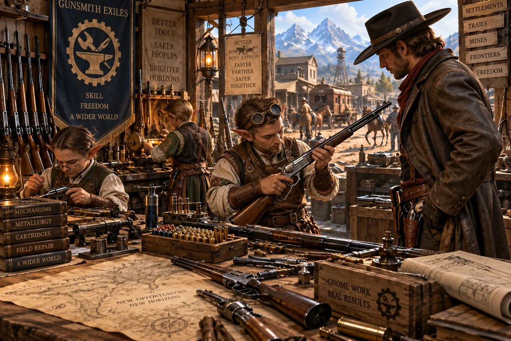 Clean-shaven gnome Gunsmith Exiles building advanced firearms for a frontier cowboy