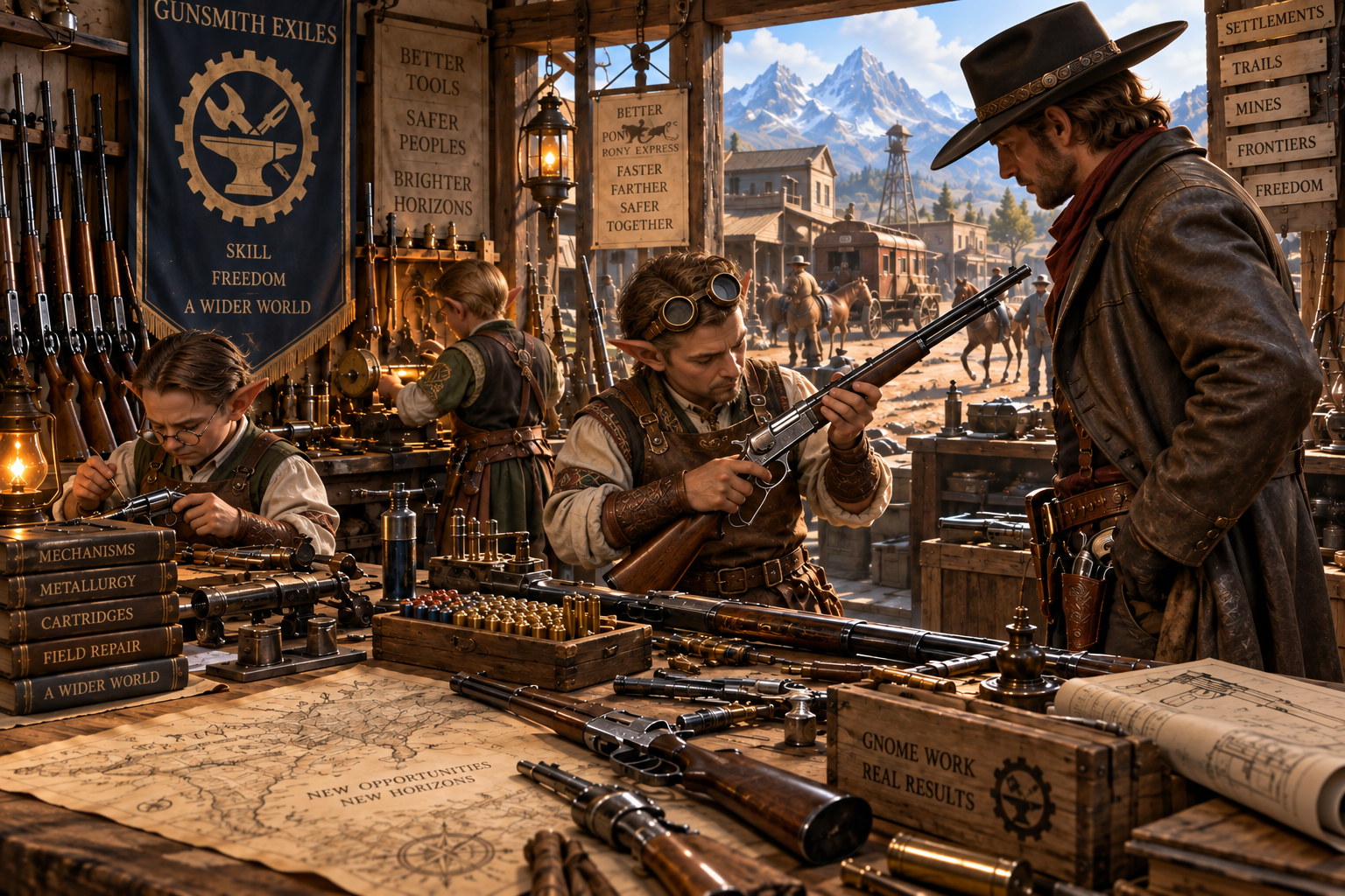 Clean-shaven gnome Gunsmith Exiles building advanced firearms for a frontier cowboy