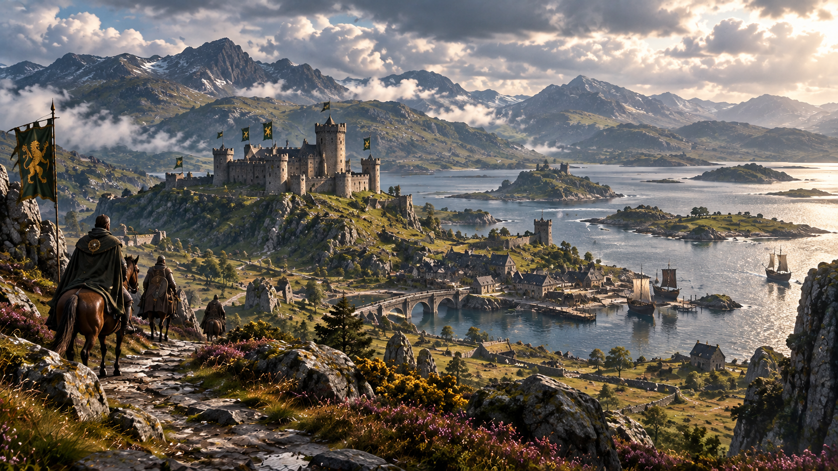 Riders descending toward the castles, harbour and mountain coast of Gwynedd as a red dragon circles above the western sky