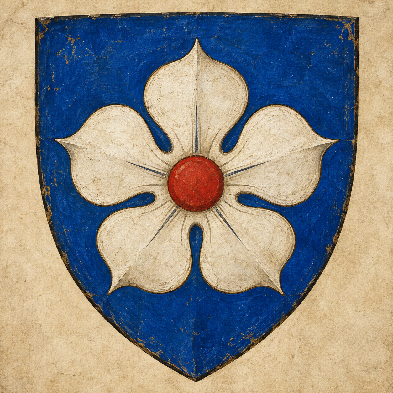 Painted coat of arms of Haguenau showing a white rose on a blue shield