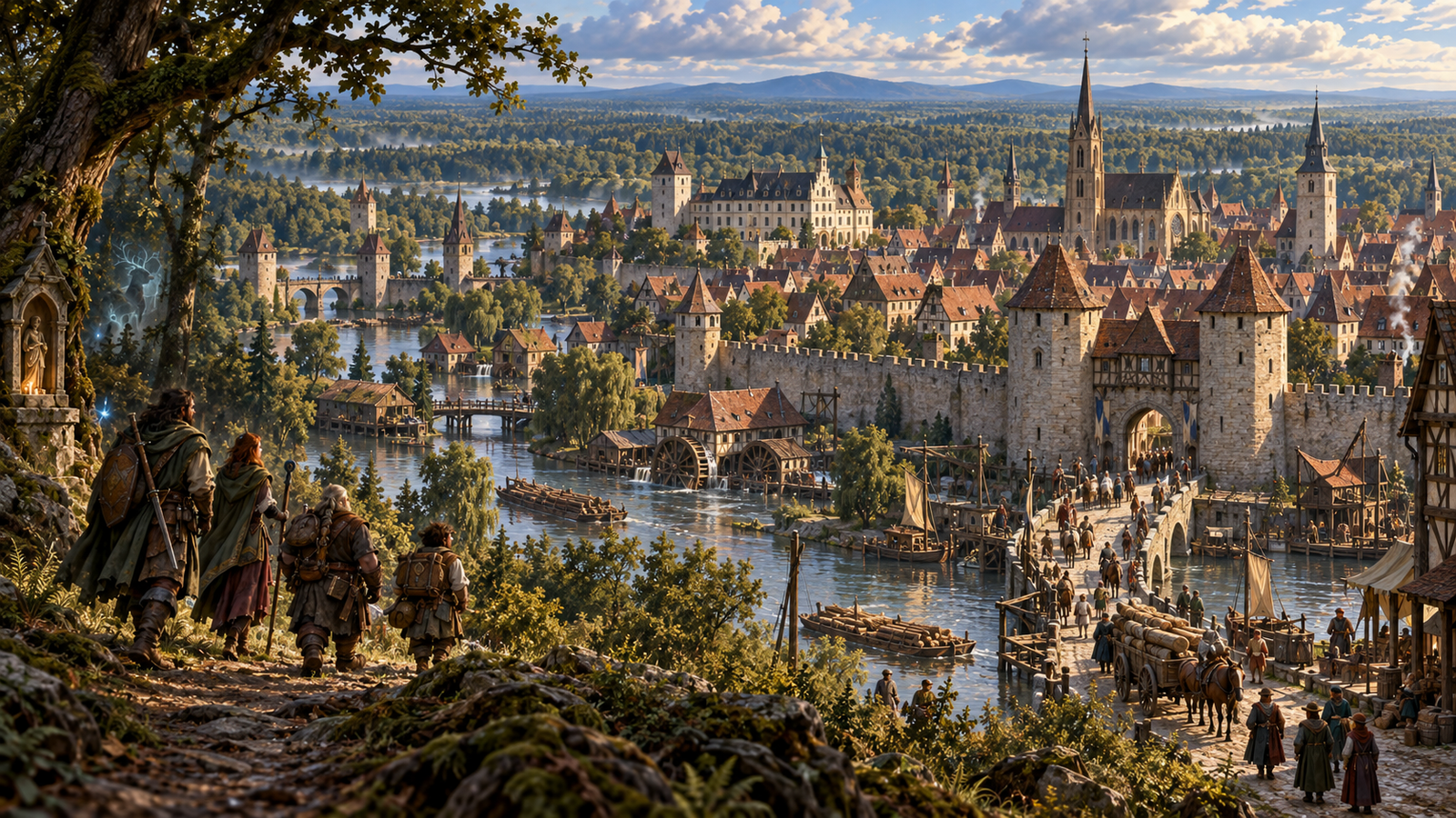 Adventurers approaching the fortified Imperial city of Haguenau beside the Moder and the great forest