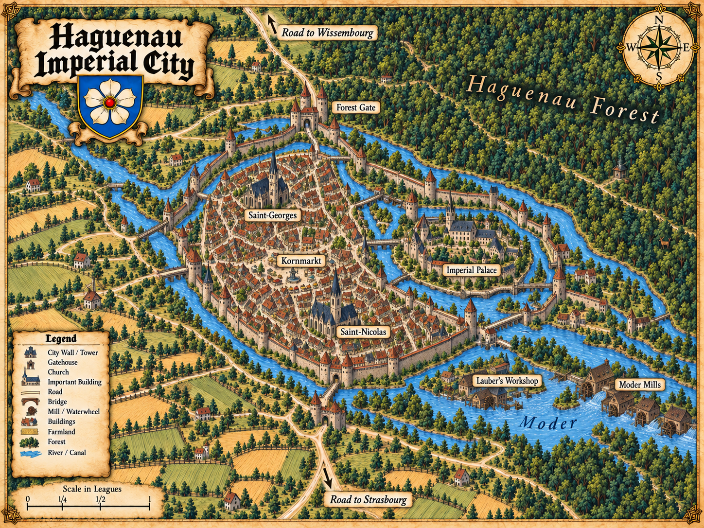 Campaign reconstruction map of Haguenau showing the Moder, Imperial Palace, markets, manuscript workshop, mills, forest and major roads