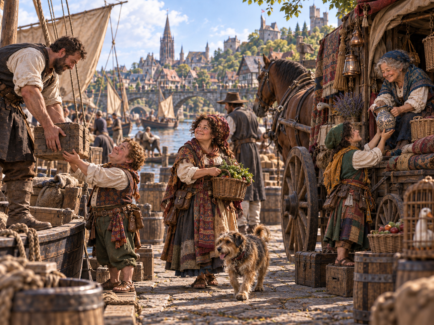 Travelling halfling households trading beside humans, horses, wagons and river traffic