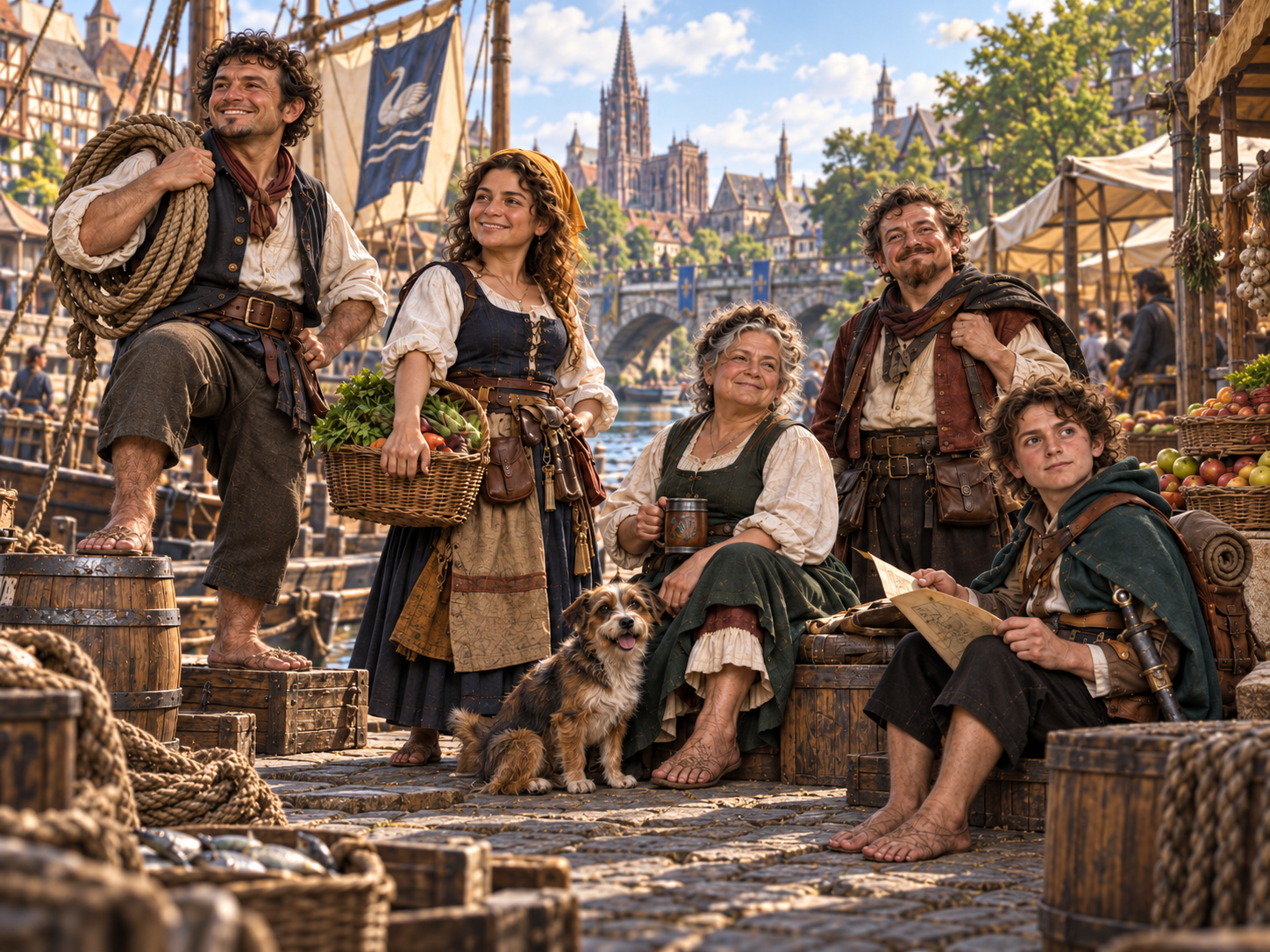 Halfling traders, travellers and household members at a busy late-medieval riverside market
