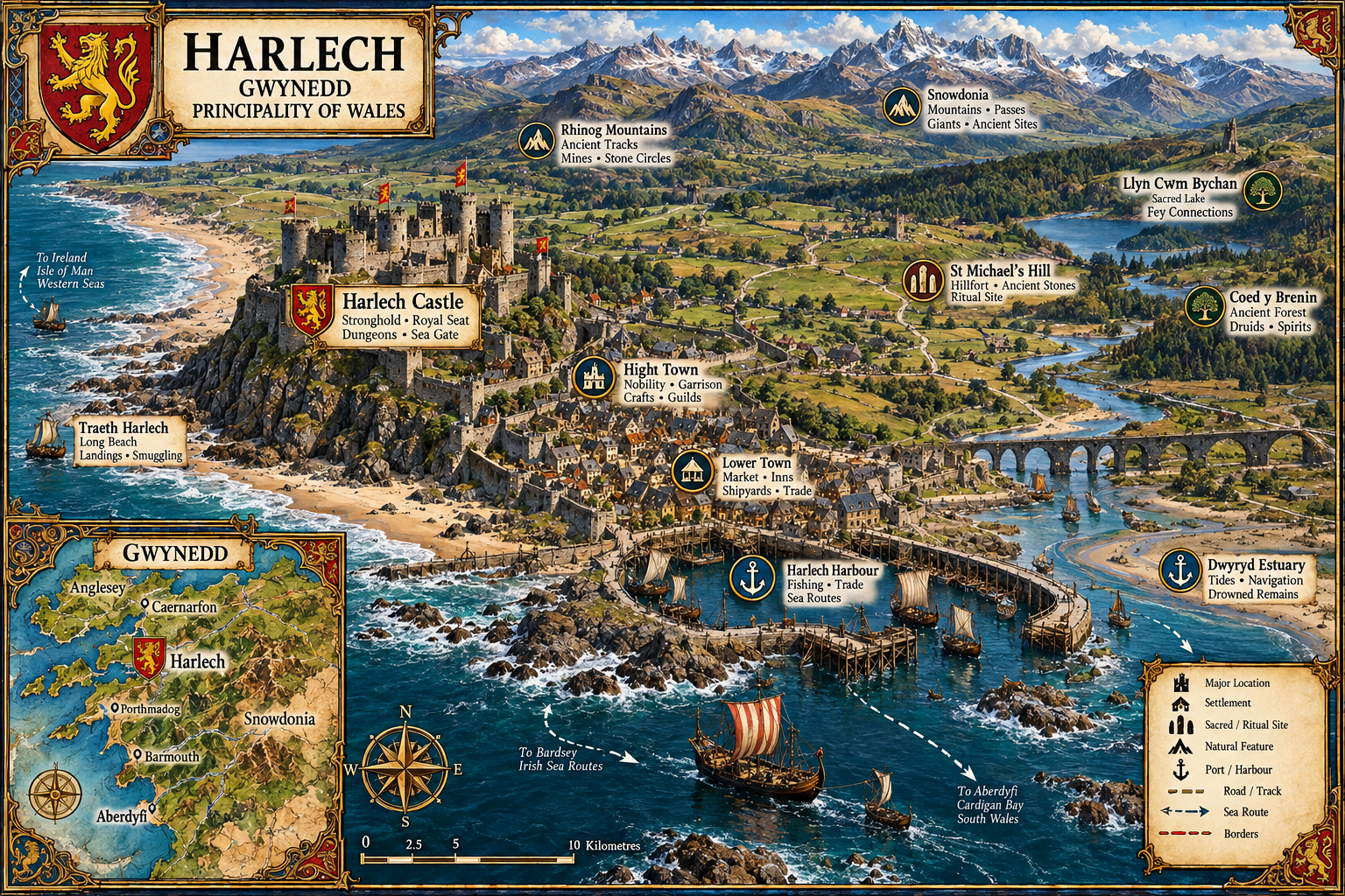 Illustrated campaign map of Harlech, Harlech Castle, the Gwynedd coast, Eryri and surrounding sea routes