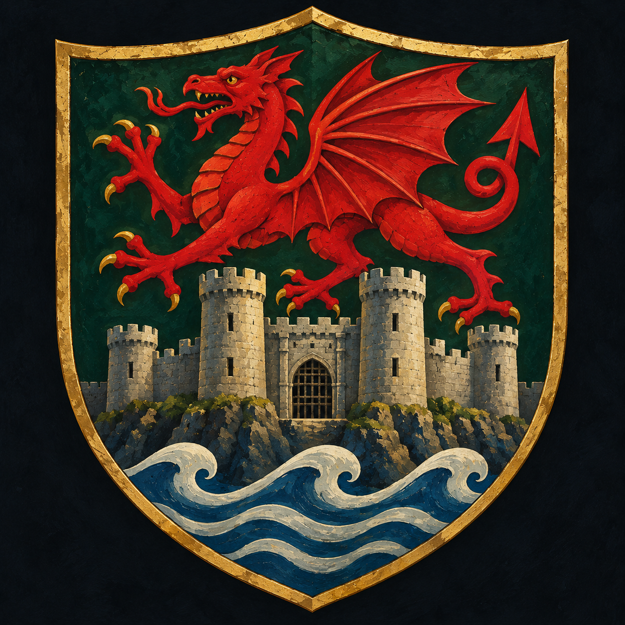 Harlech identity shield with red Welsh dragon, Harlech Castle and western sea waves