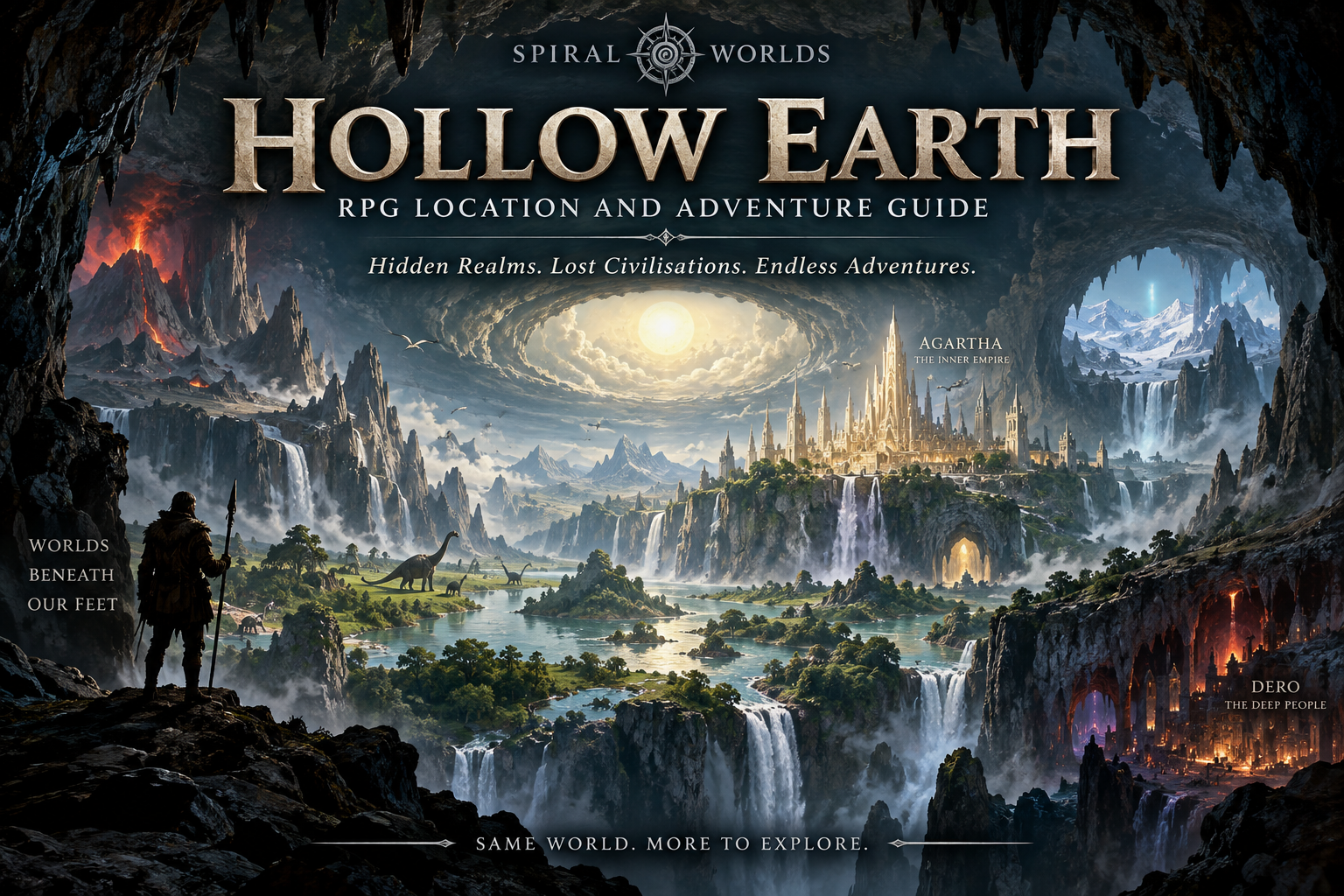 Explorers overlooking an immense Hollow Earth landscape of forests, rivers, waterfalls, prehistoric creatures and a distant inner-world civilisation