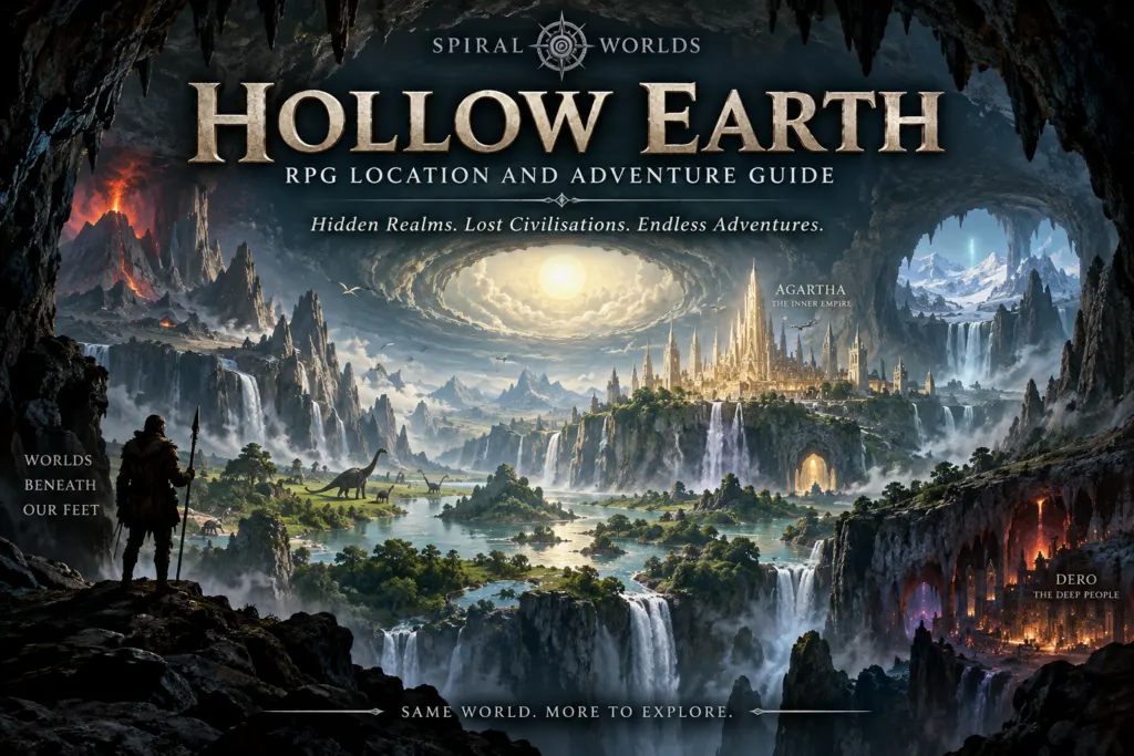 Explorers overlooking an immense Hollow Earth landscape of forests, rivers, waterfalls, prehistoric creatures and a distant inner-world civilisation