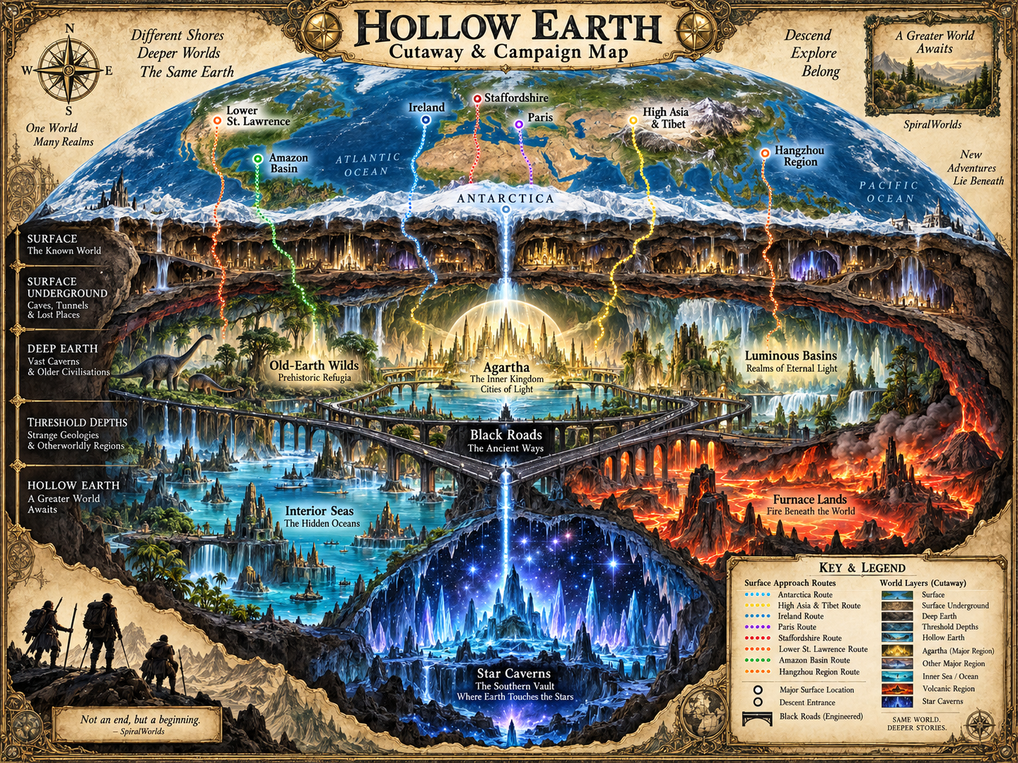 Hollow Earth cutaway campaign map showing surface approaches, Deep Earth, Agartha, prehistoric refuges, luminous basins, interior seas, furnace lands, Black Roads and the Star Caverns