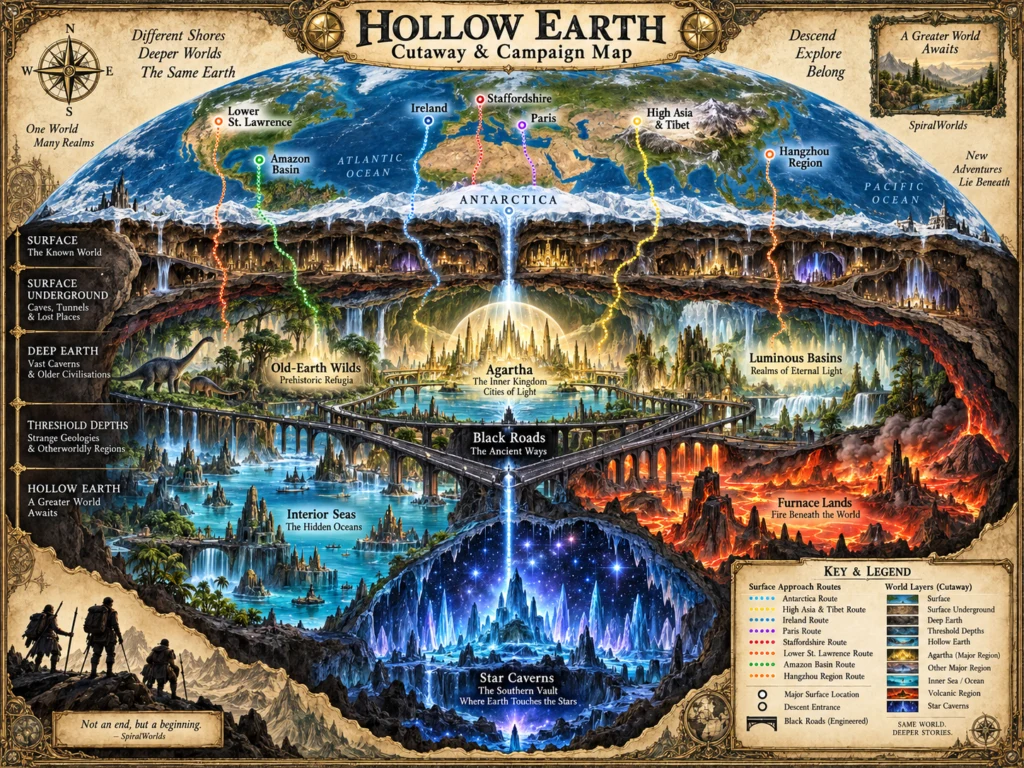 Hollow Earth cutaway campaign map showing surface approaches, Deep Earth, Agartha, prehistoric refuges, luminous basins, interior seas, furnace lands, Black Roads and the Star Caverns