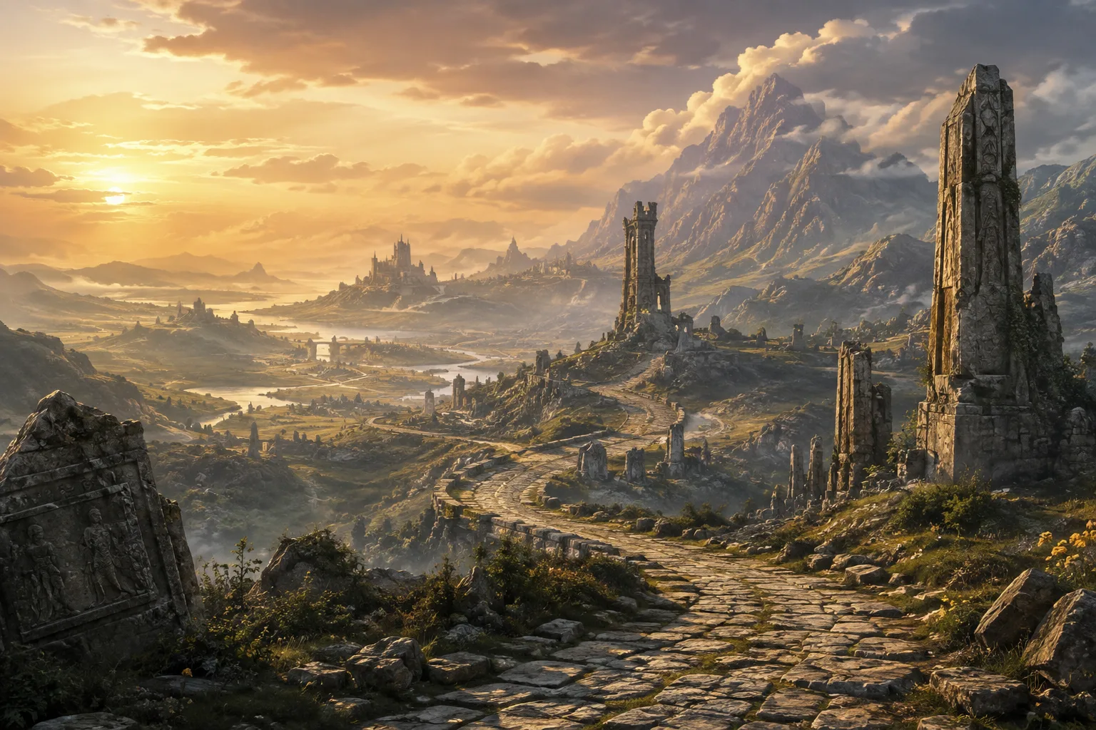 Ancient road through ruined monuments toward a distant city beneath a mountain range