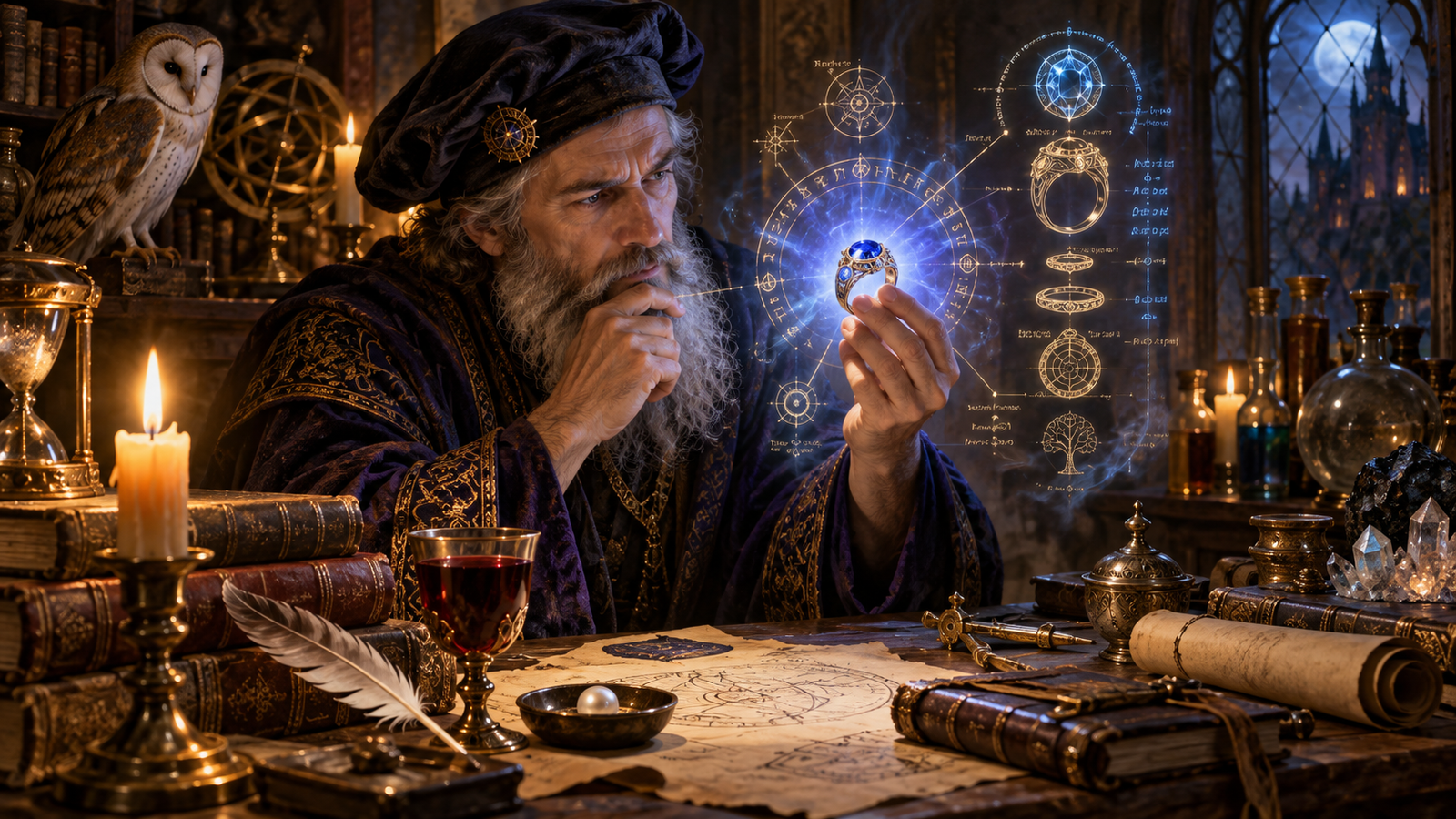 Arcane scholar using the Identify spell to examine a glowing magic ring