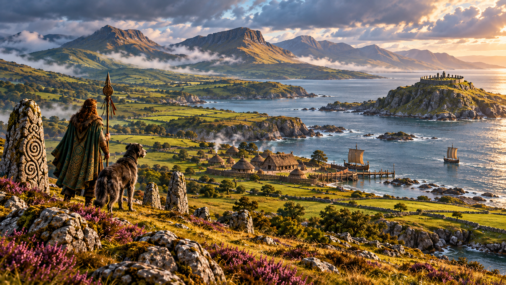 Medieval Ireland at golden hour with coastal hills, ringfort country, druidic landscape and a great hall above the sea