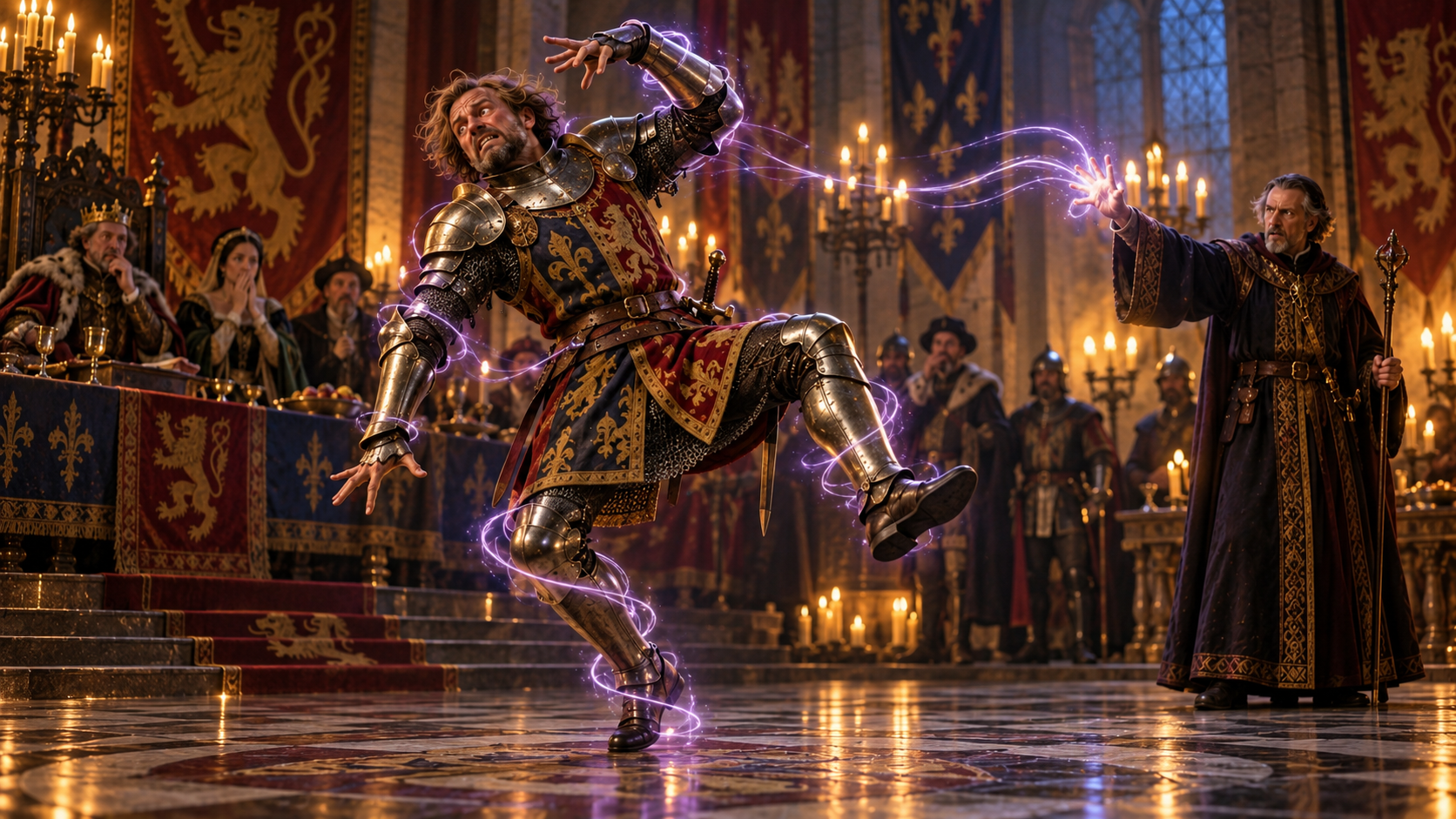 Irresistible Dance spell: an unwilling armoured courtier dances under magical compulsion in a torchlit hall in 1454.