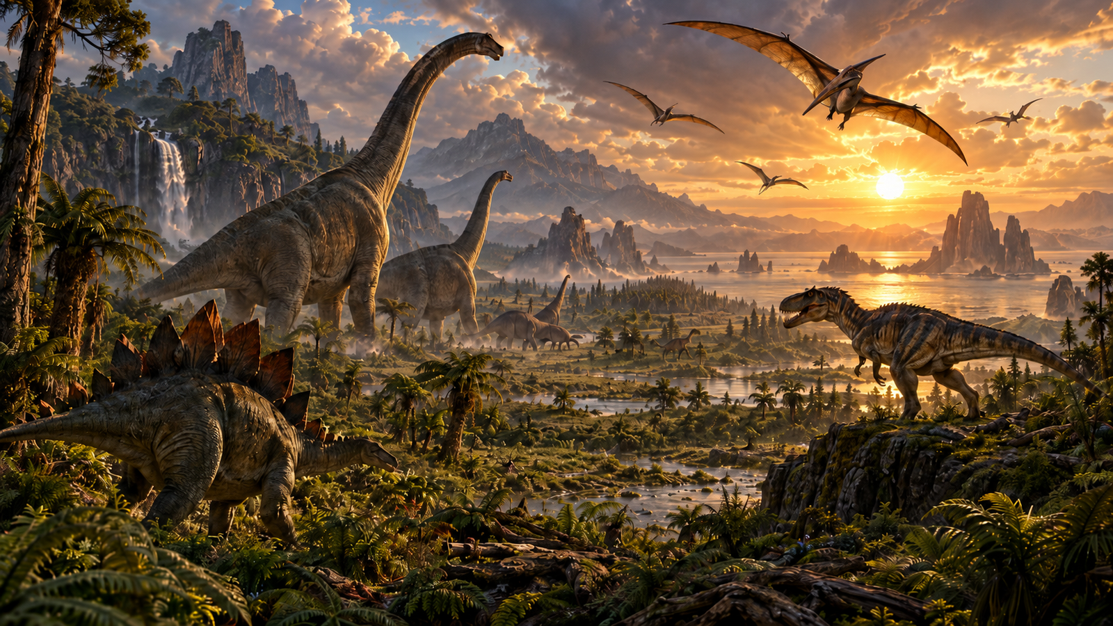 A vast Jurassic landscape filled with enormous sauropods, Stegosaurus, predatory dinosaurs and pterosaurs beneath a dramatic prehistoric sky.