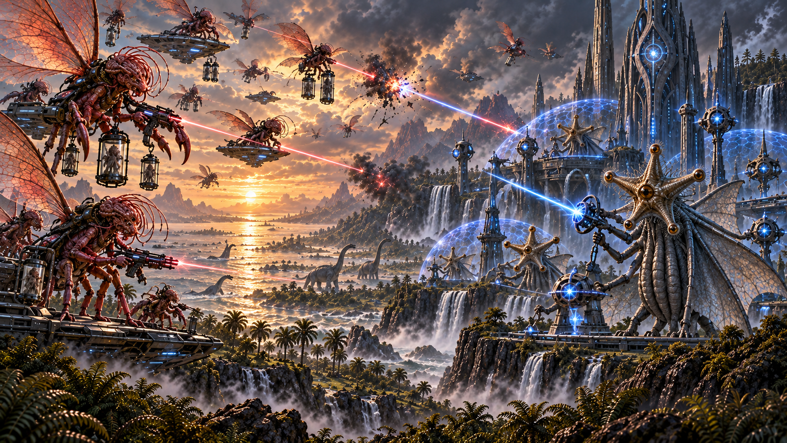 Mi-Go and Elder Things wage a technologically advanced extraterrestrial war across Jurassic Earth while dinosaurs move through the distant landscape.