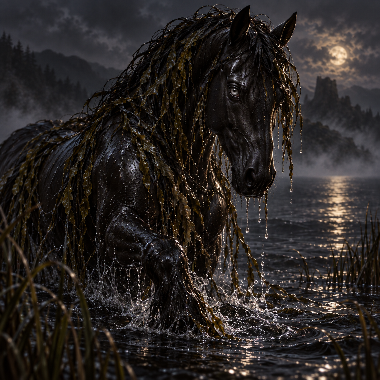 Kelpie emerging from dark loch water in its predatory fey water-horse form