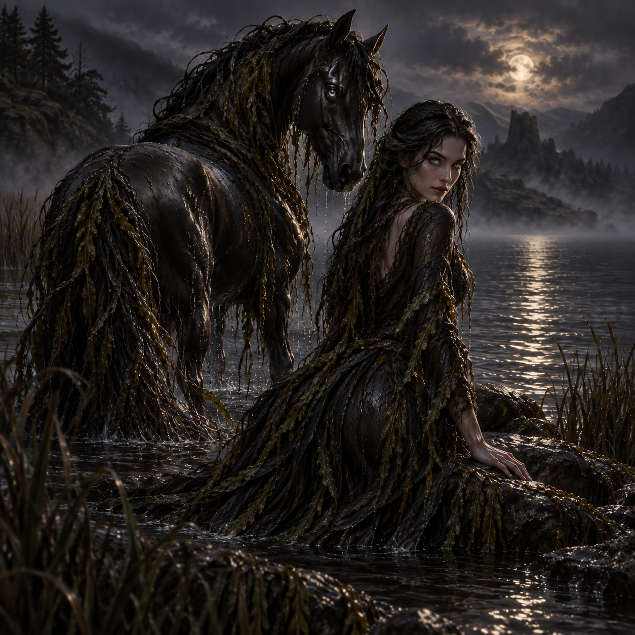 Kelpie beside its humanoid fey guise at the edge of a moonlit loch