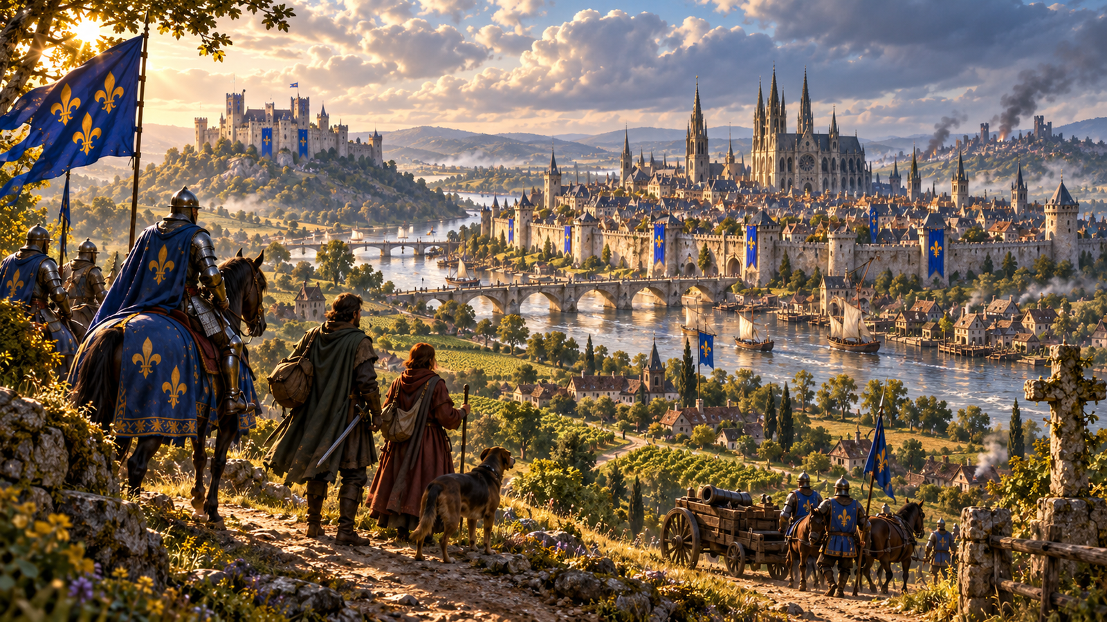 The Kingdom of France, with royal soldiers, travellers, artillery, vineyards, river traffic and a fortified city recovering from war