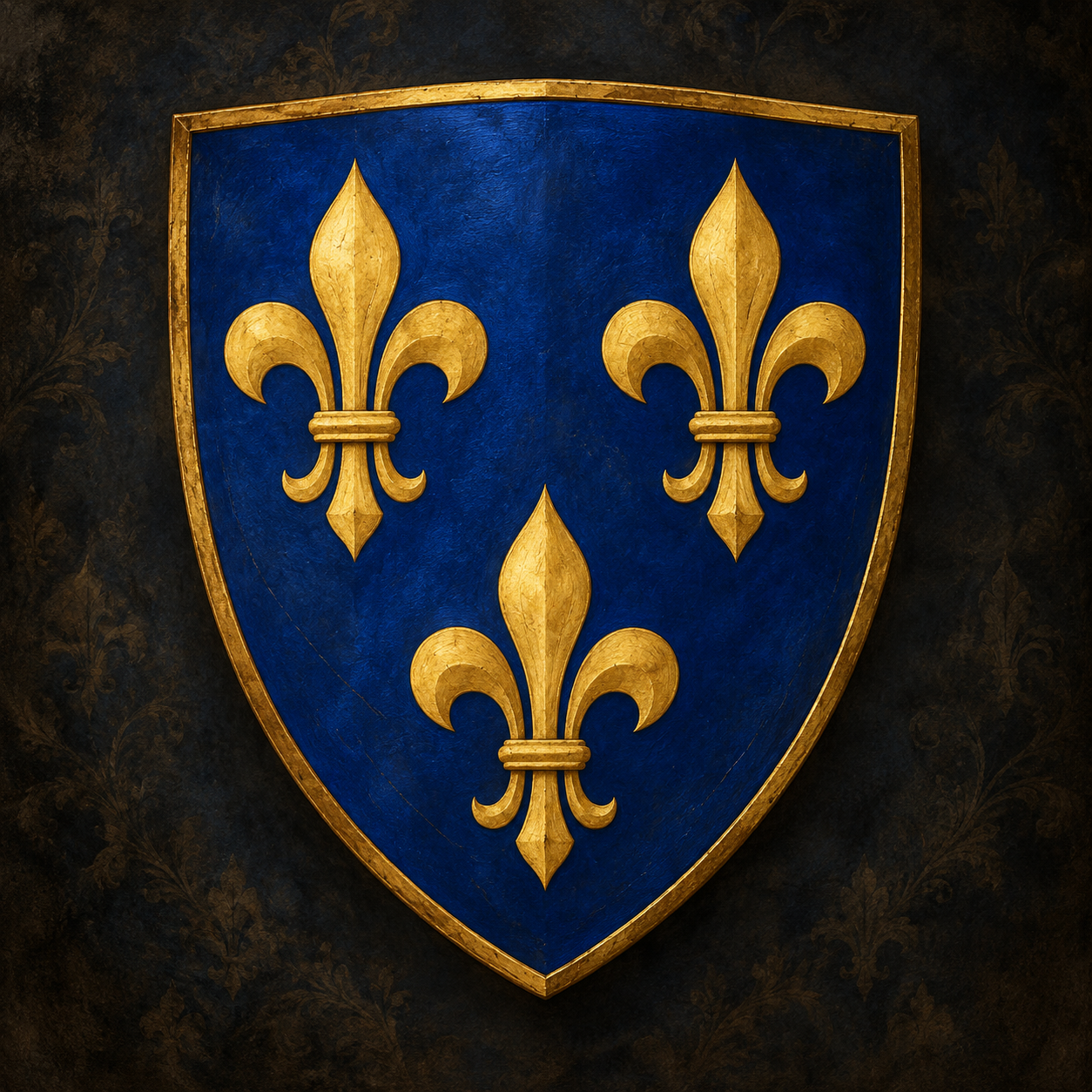 Royal coat of arms of France showing three gold fleurs-de-lis on a blue shield