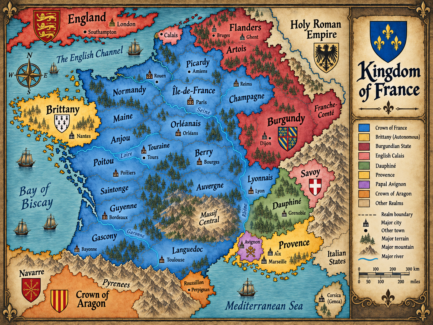 Campaign map of the Kingdom of France showing royal France, Brittany, the Burgundian State, English Calais, Dauphiné, Provence, papal Avignon and neighbouring realms