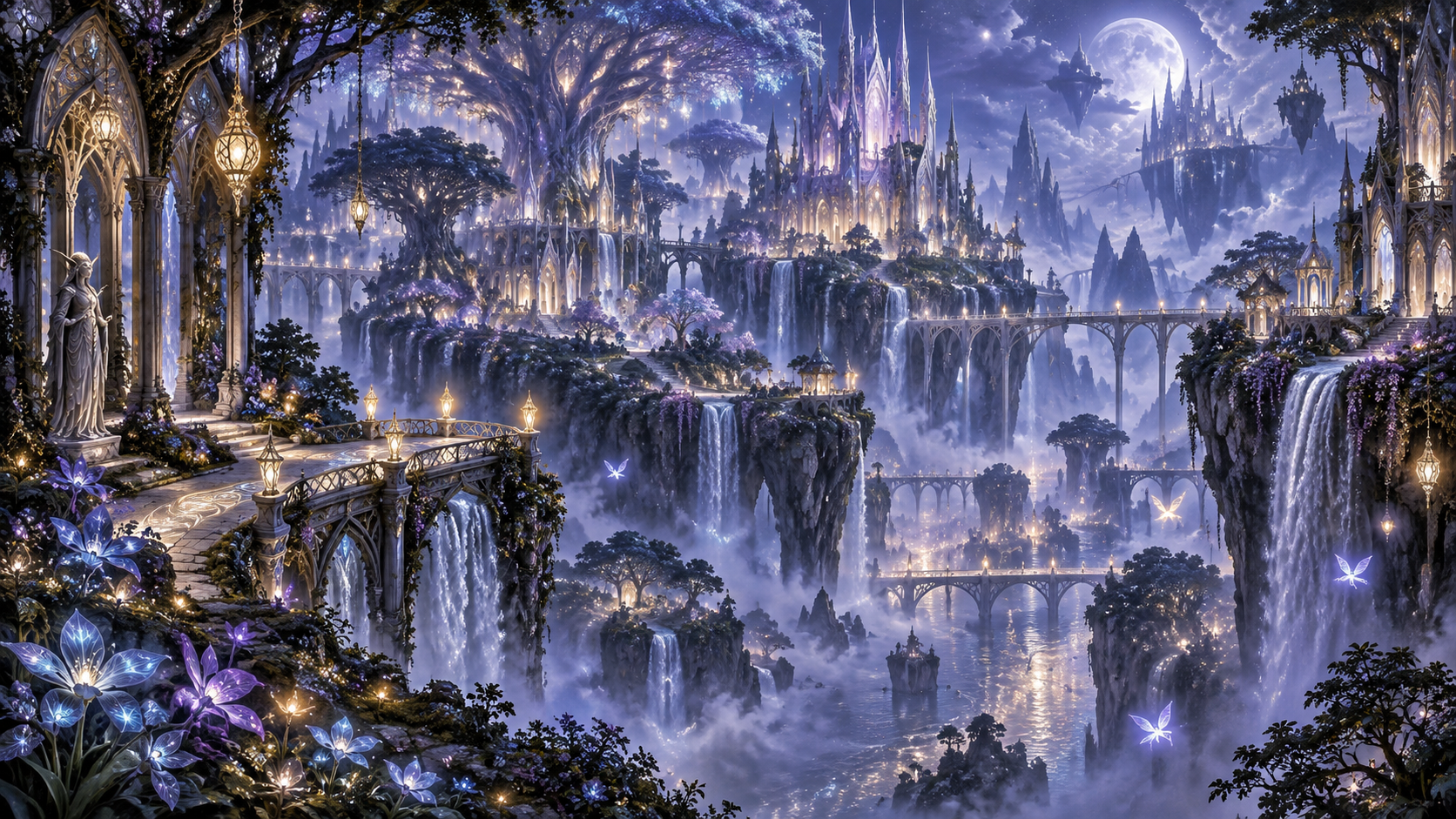 Ladinion in Deep Faerie, with impossible moonlit bridges, floating islands, luminous waterfalls and courtly spires suspended above a mist-filled void