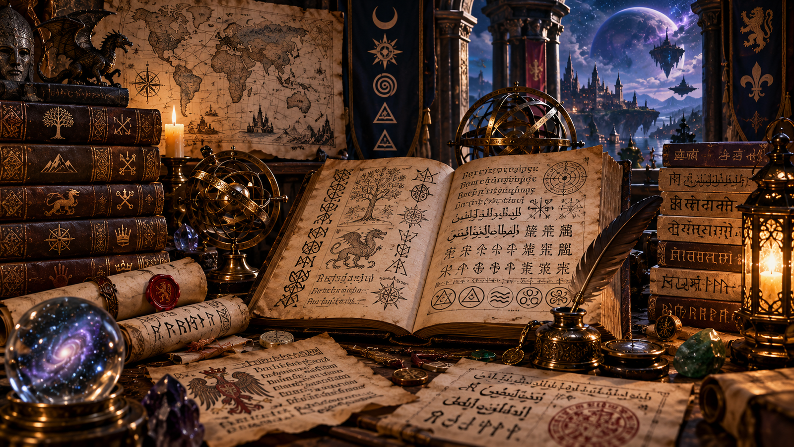 Ancient and supernatural languages represented through manuscripts, symbols, maps and otherworldly writing