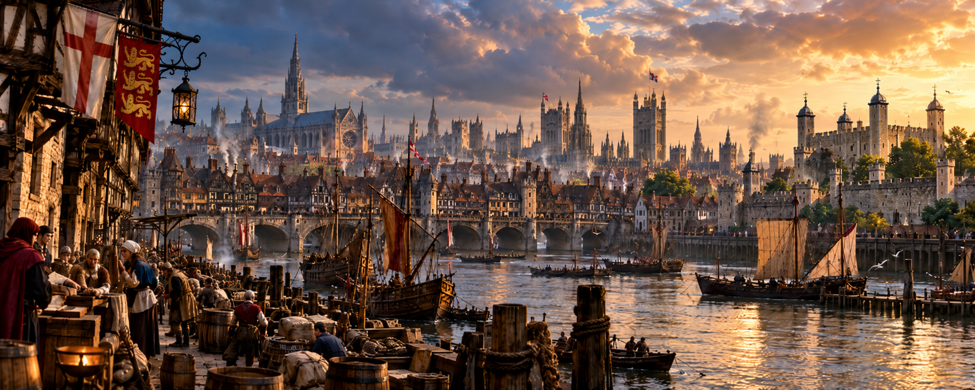Medieval London on the River Thames with London Bridge, the City and the Tower