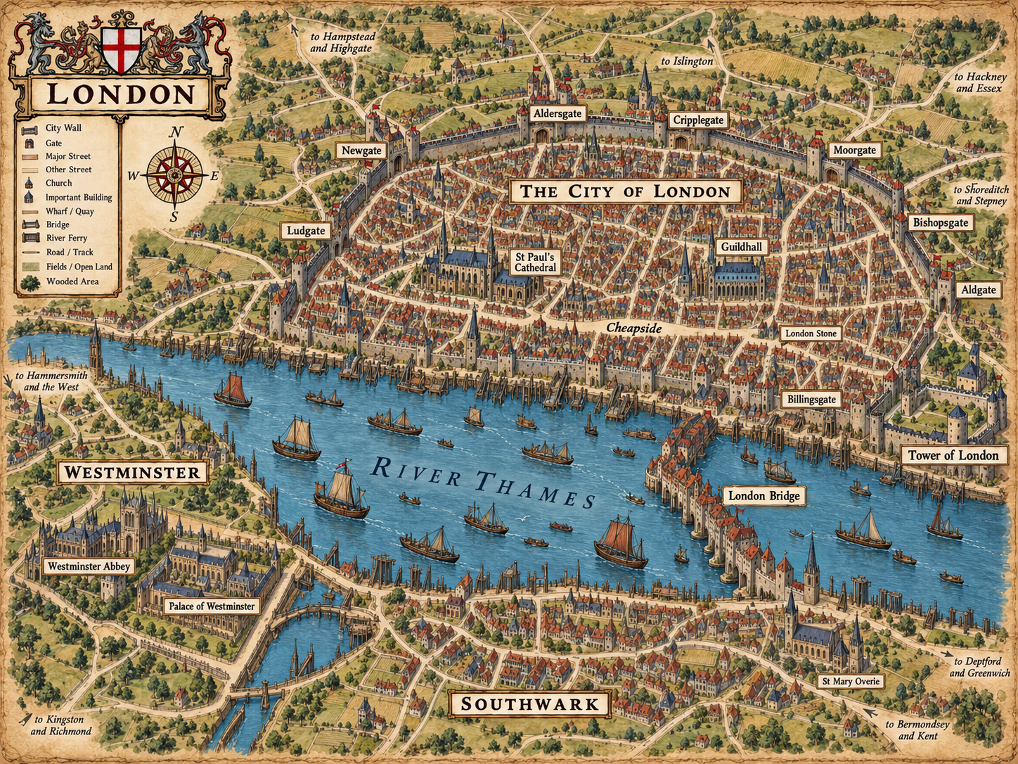 Campaign map of medieval London showing the City walls, Westminster, Southwark, London Bridge, the Tower, Guildhall, St Paul's Cathedral and the River Thames