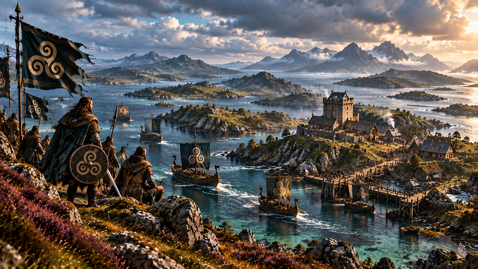 Clan warriors overlooking the Lordship of the Isles, with Hebridean galleys crossing island sea roads toward a coastal stronghold