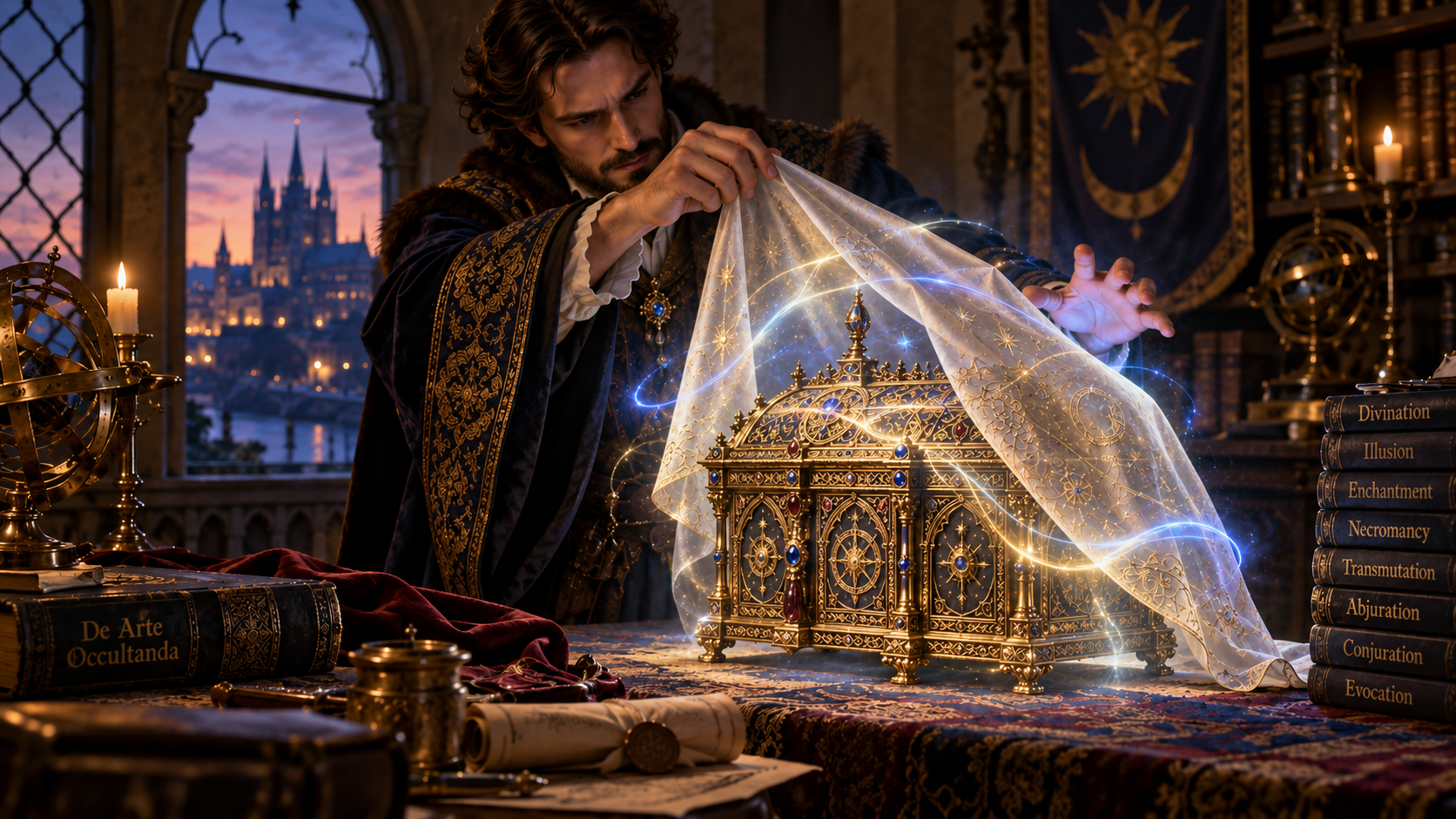 A 1454 wizard passes a square of silk over an ornate enchanted coffer while a false magical aura conceals its true nature.