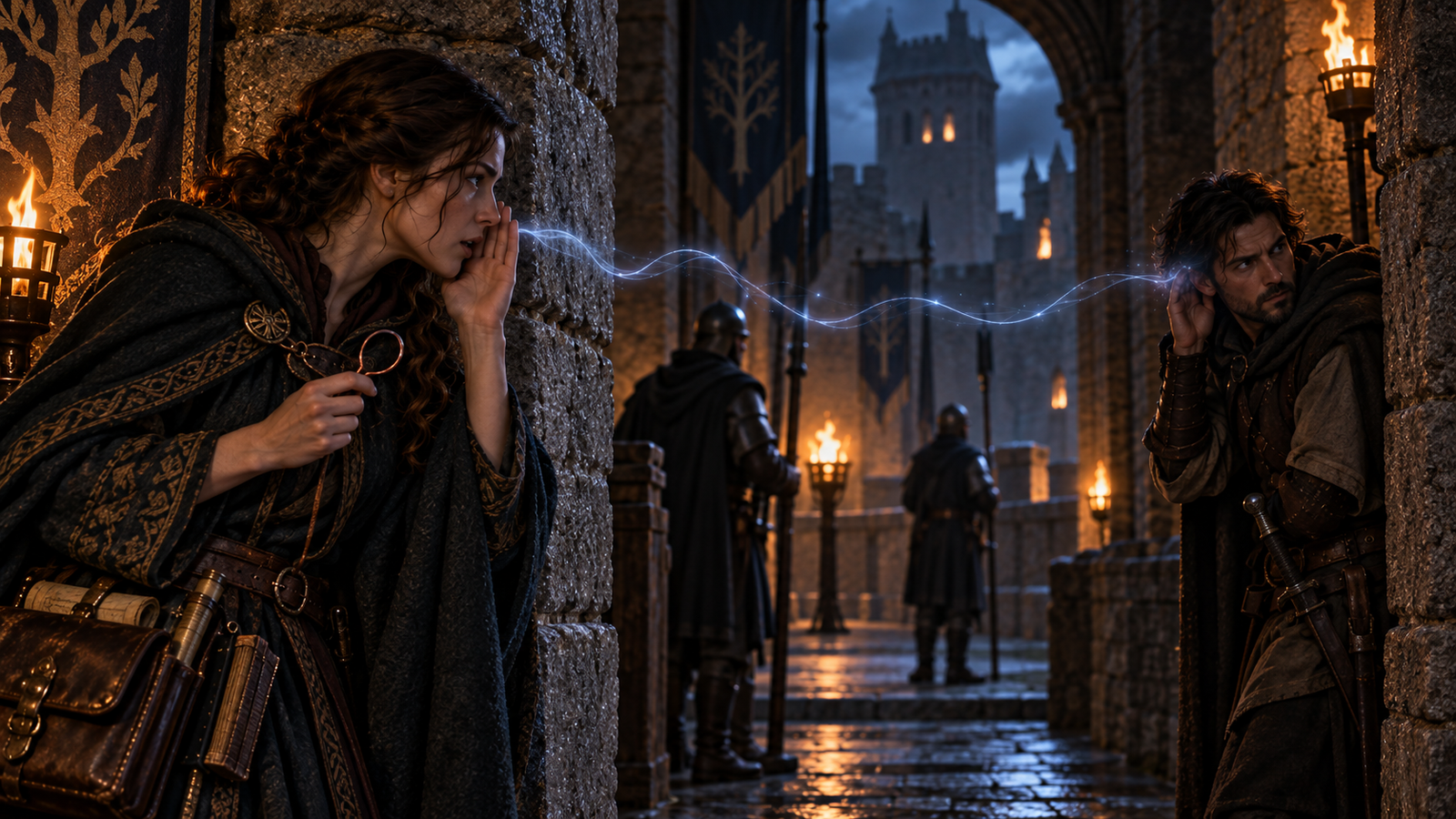 A spellcaster whispers a magical message across a torchlit castle gatehouse to a distant ally while guards stand between them.