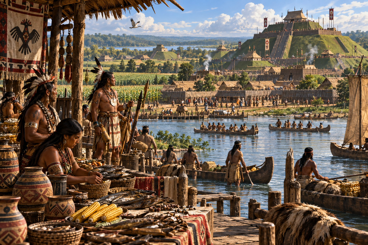 A thriving Mississippian river civilisation with mound centres, cultivated fields, markets, canoes, docks and extensive settlement
