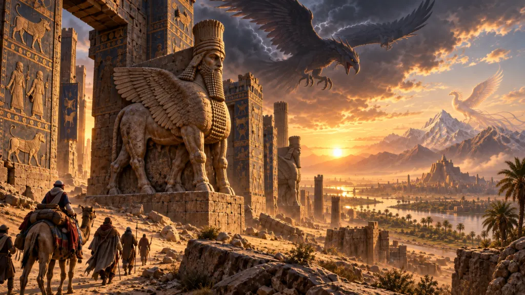 Near East Bestiary 1454 hero with lamassu guardian, Anzu storm bird and Simurgh over an ancient Mesopotamian landscape