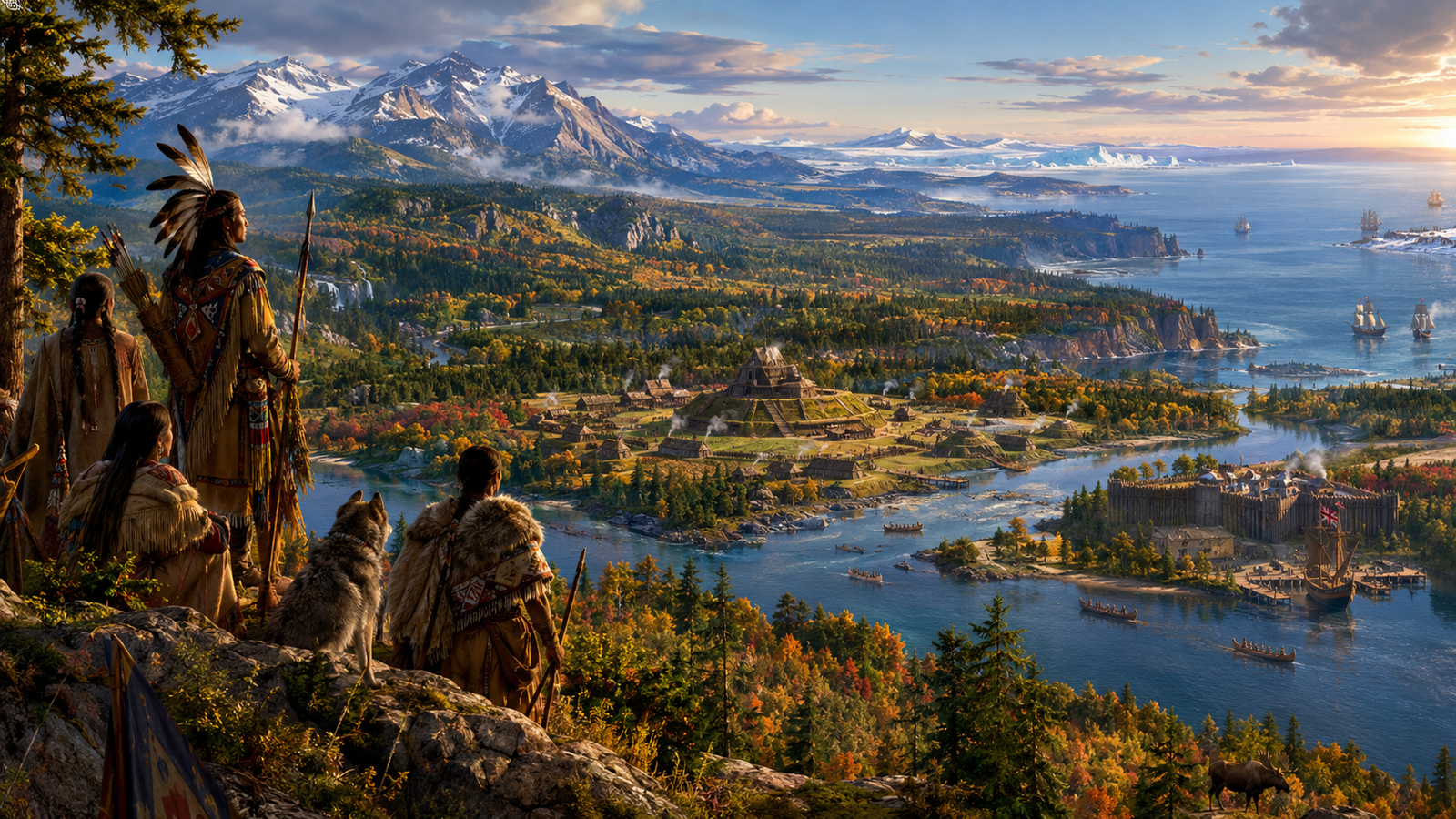North America as a vast fantasy campaign world of Indigenous settlements, great rivers, forests, mountains and distant Atlantic ships