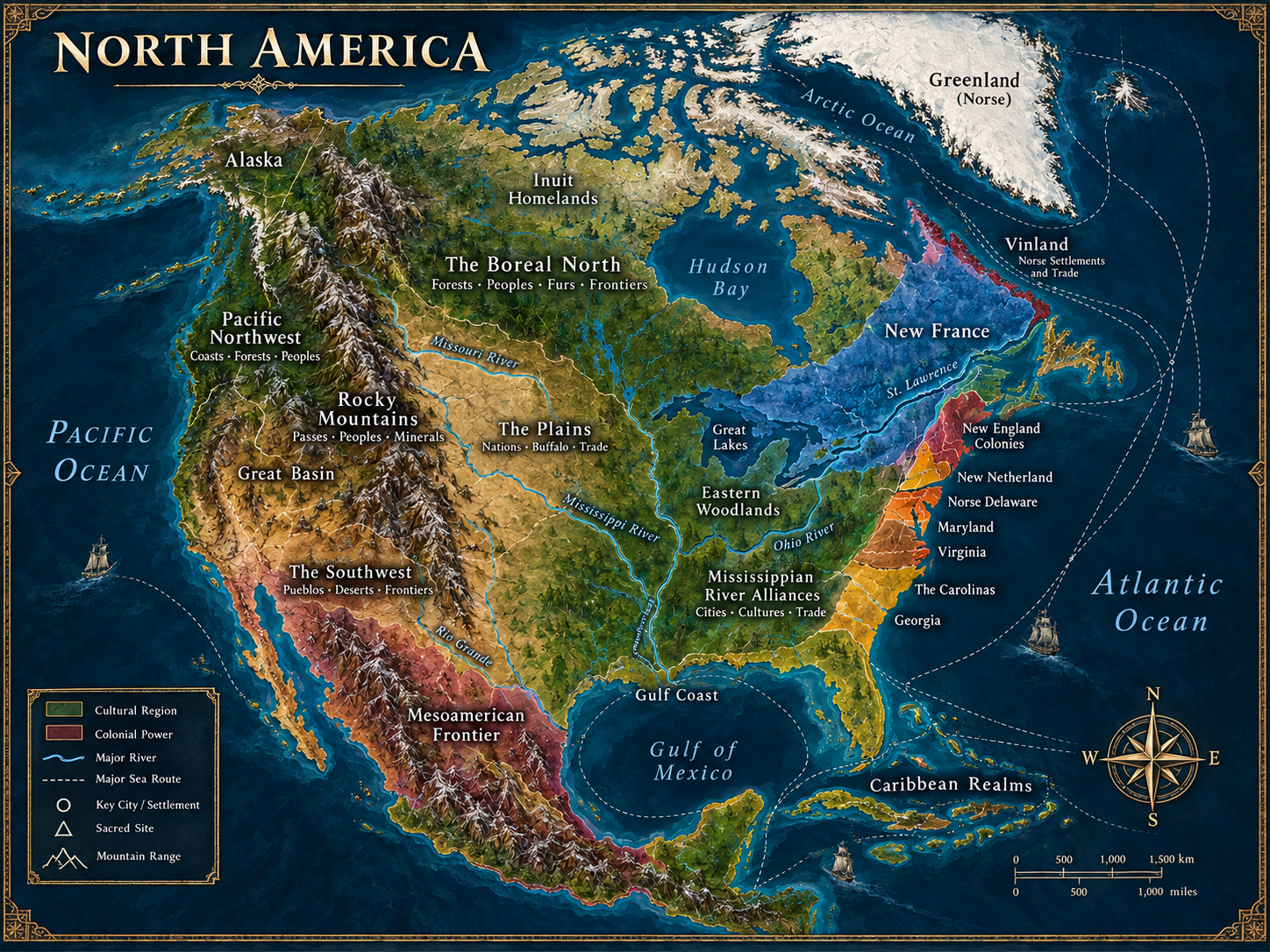 North America campaign map showing physical geography with SpiralWorlds frontier, colonial and regional campaign information