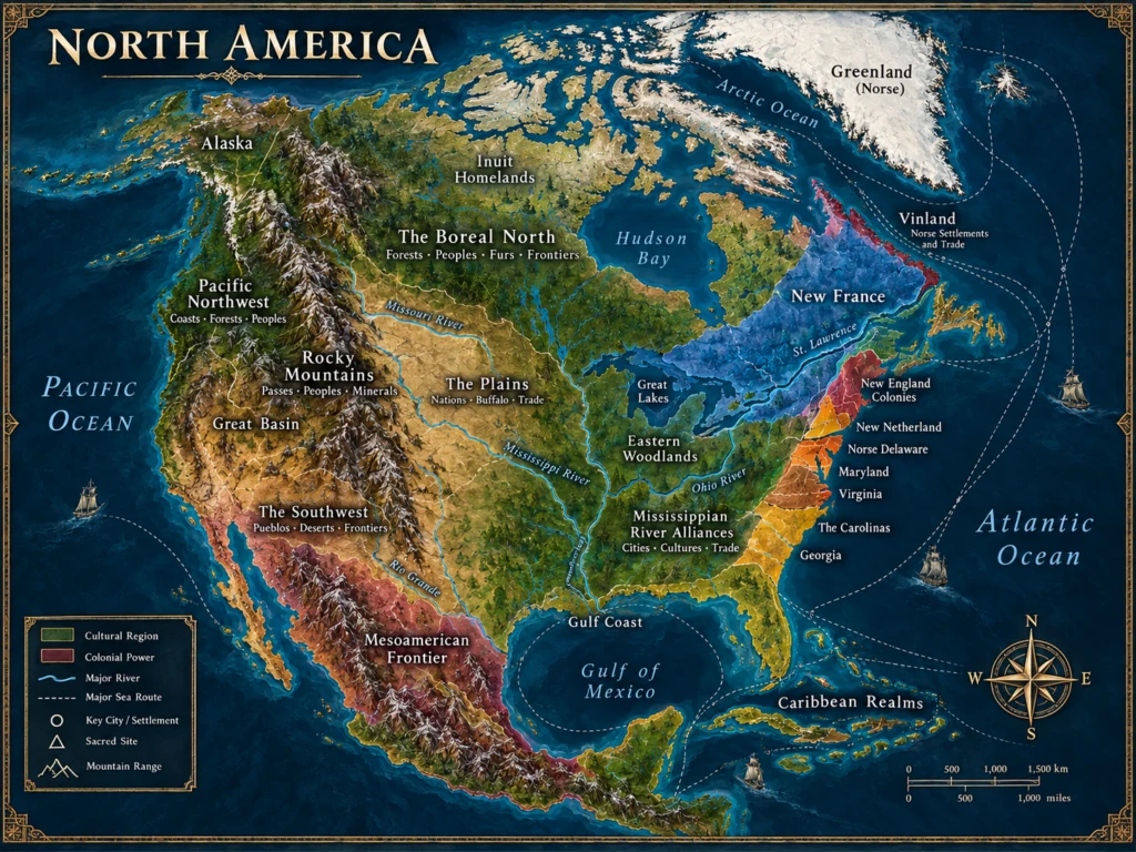 North America campaign map showing physical geography with SpiralWorlds frontier, colonial and regional campaign information