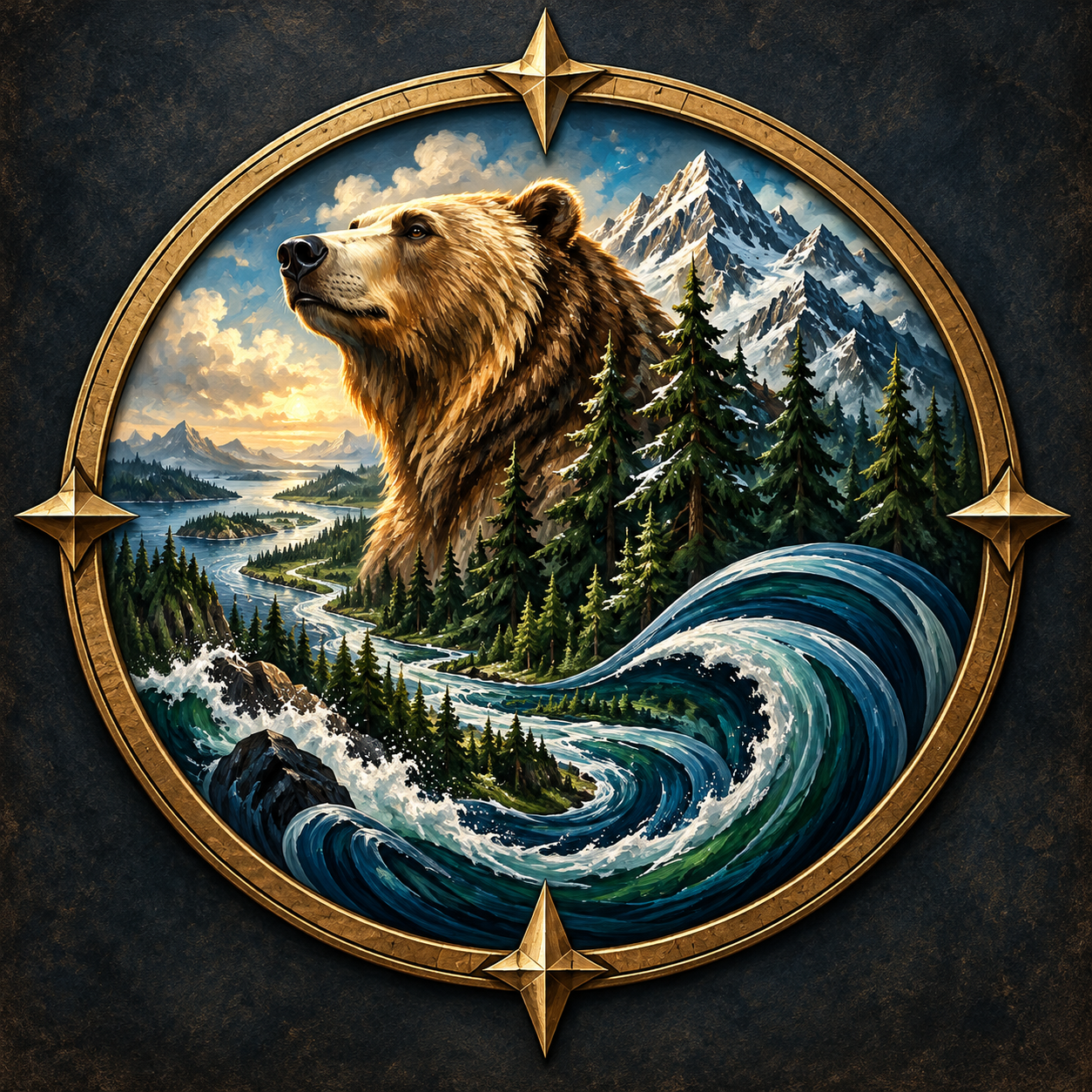North America campaign symbol showing a bear, mountains, forests, rivers and waves
