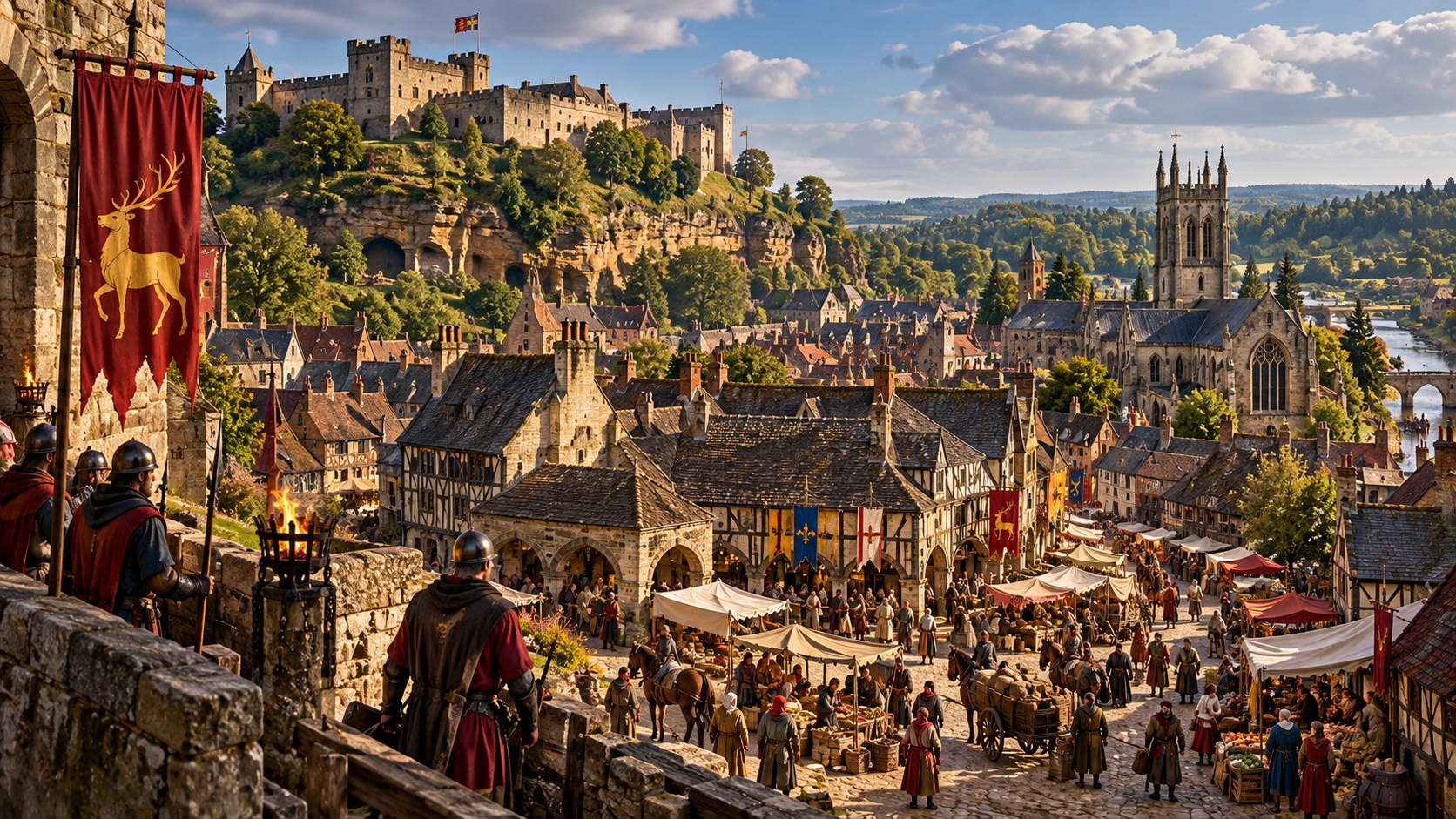 Medieval Nottingham with Nottingham Castle above the sandstone cliffs, a crowded market and the wooded approaches to Sherwood Forest