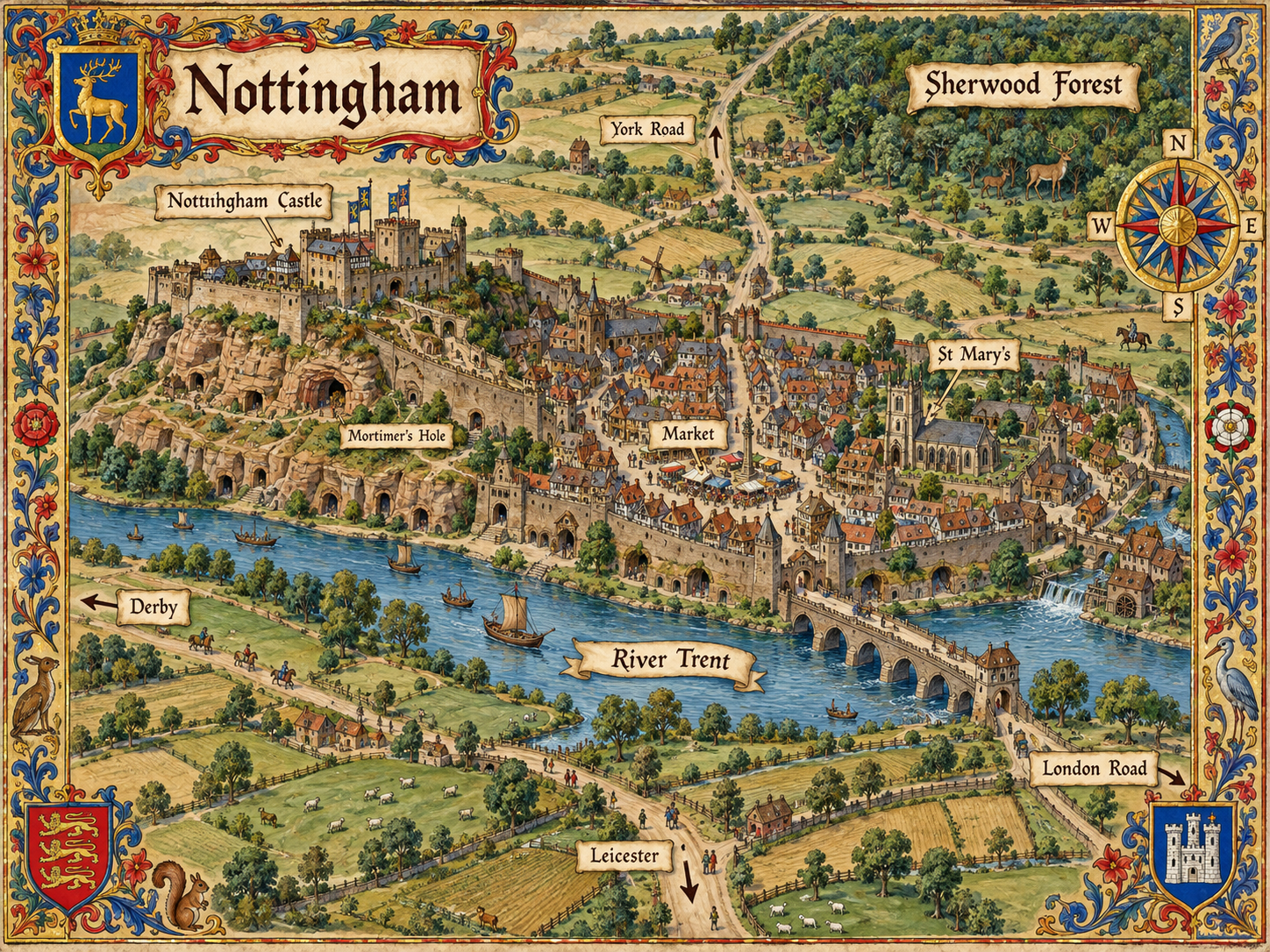 Campaign map of medieval Nottingham showing Nottingham Castle, Mortimer's Hole, the market, St Mary's, Sherwood Forest, the River Trent and roads toward York, Derby, Leicester and London