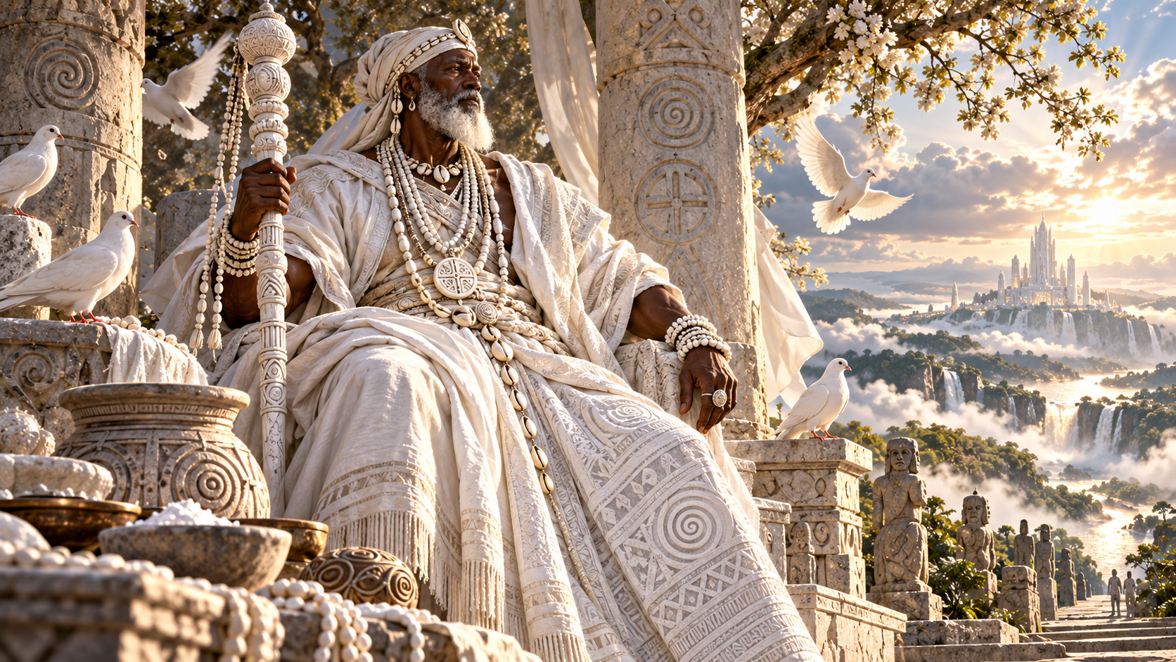 Obatala, Yoruba creator orisha in white robes, associated with purity, wisdom and creation